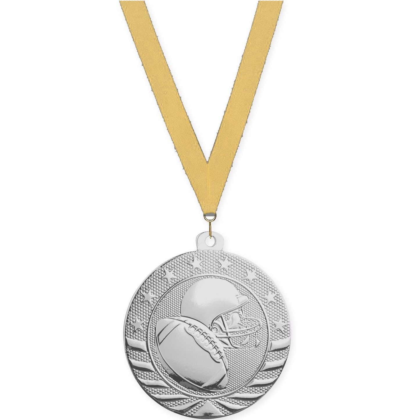 2 3/4 inch football Starbrite medal in bright silver with Gold Metallic neck ribbon