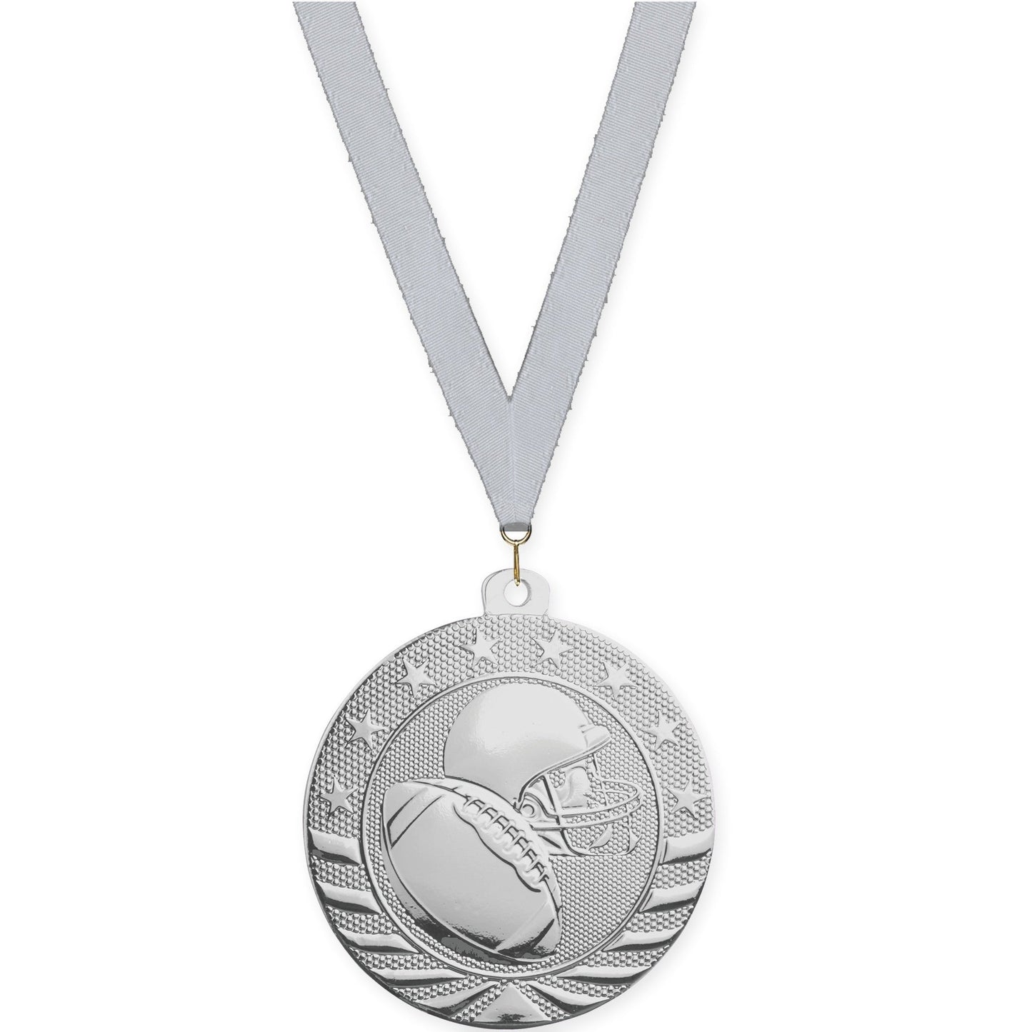 2 inch football Starbrite medal in bright silver with Silver Metallic neck ribbon
