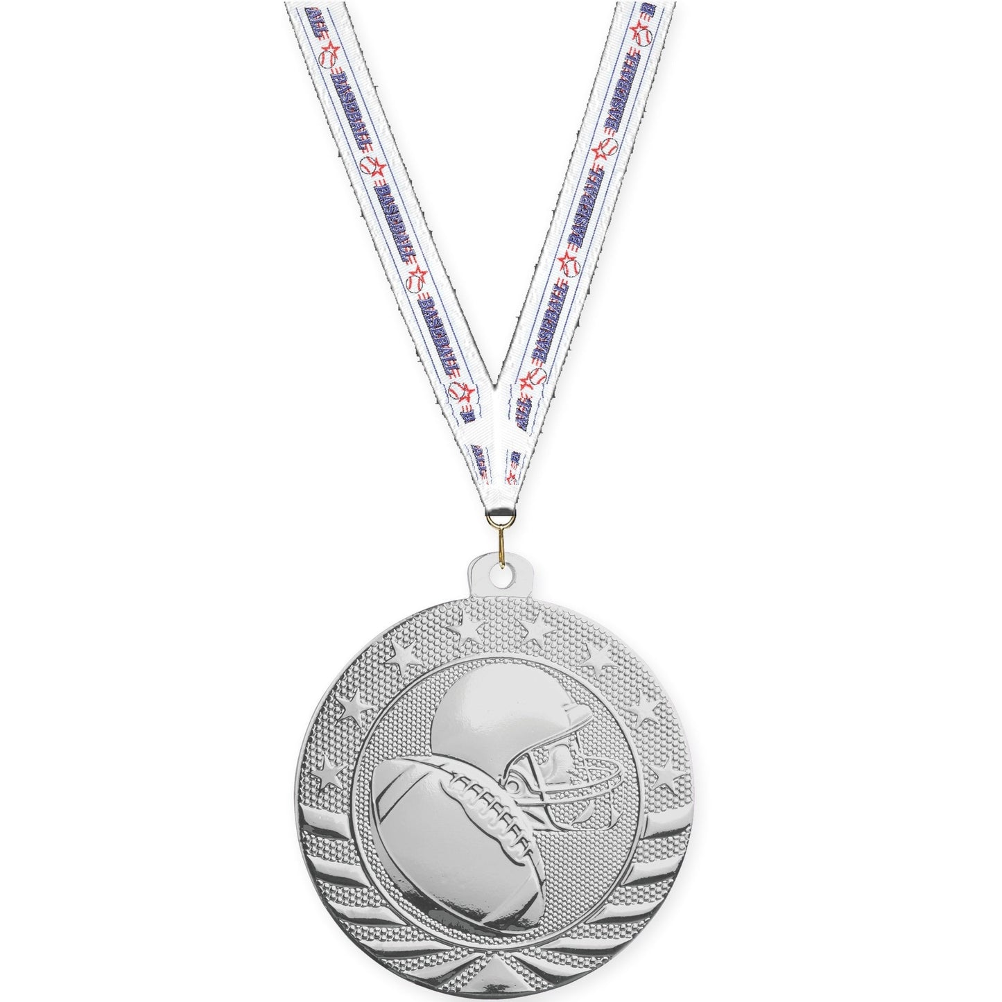 2 3/4 inch football Starbrite medal in bright silver with Baseball neck ribbon