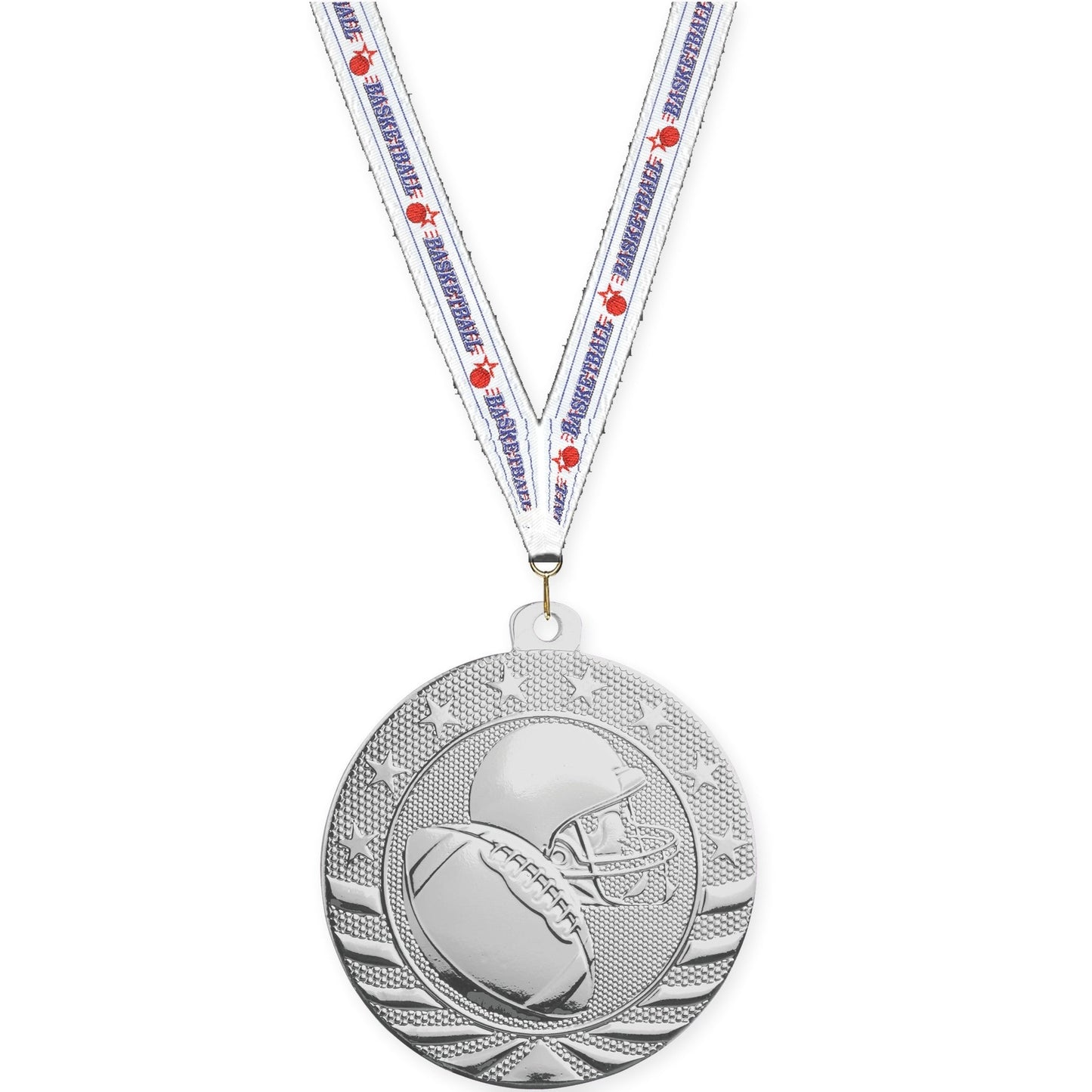 2 inch football Starbrite medal in bright silver with Basketball neck ribbon