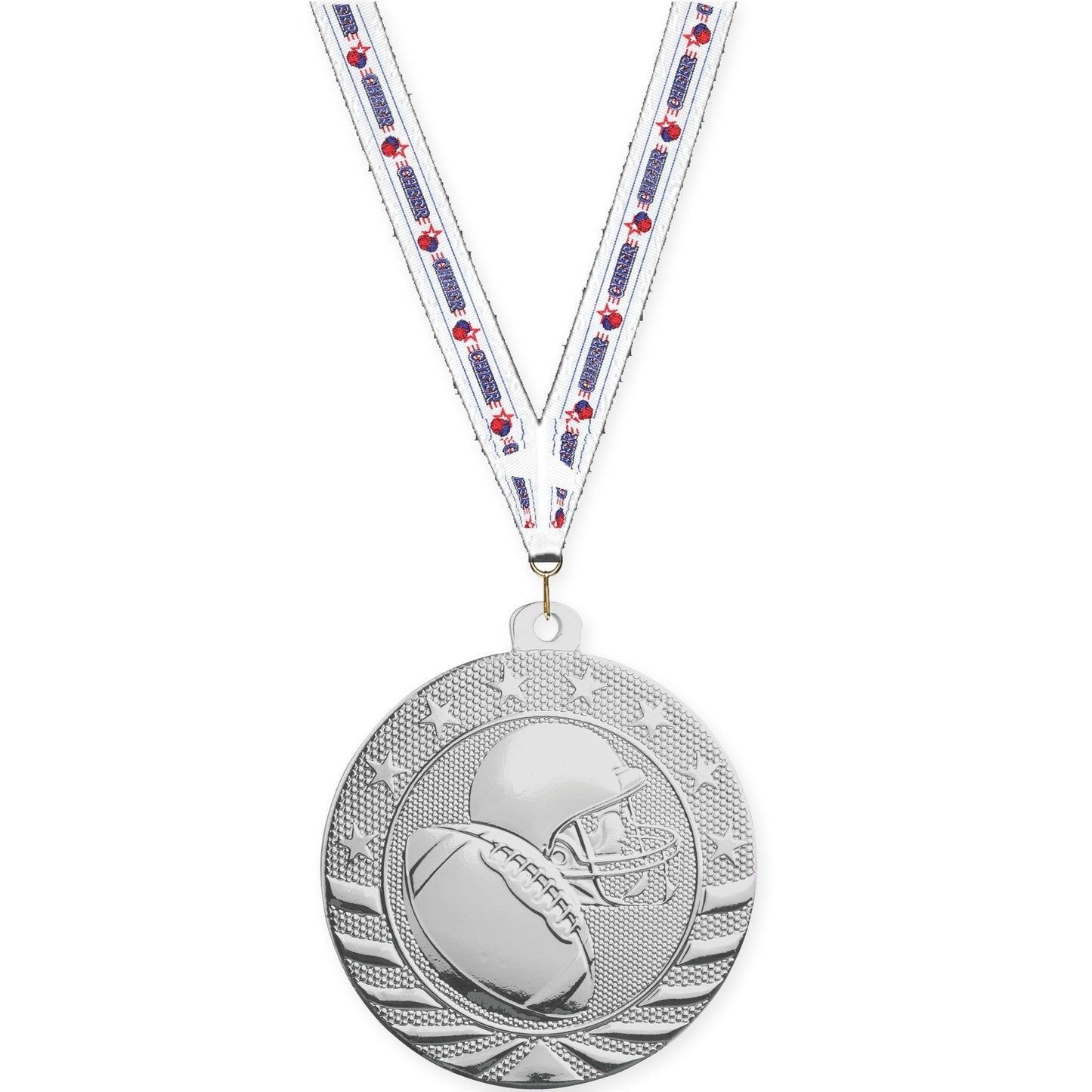 2 inch football Starbrite medal in bright silver with Cheerleading neck ribbon