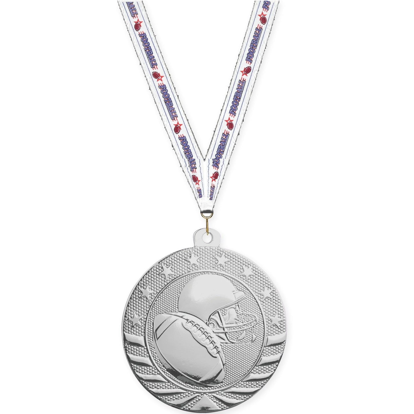 2 3/4 inch football Starbrite medal in bright silver with Football neck ribbon