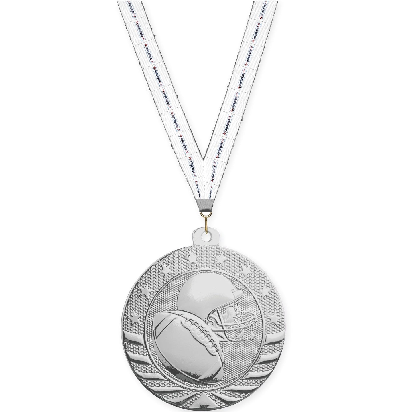 2 3/4 inch football Starbrite medal in bright silver with Gymnastics neck ribbon