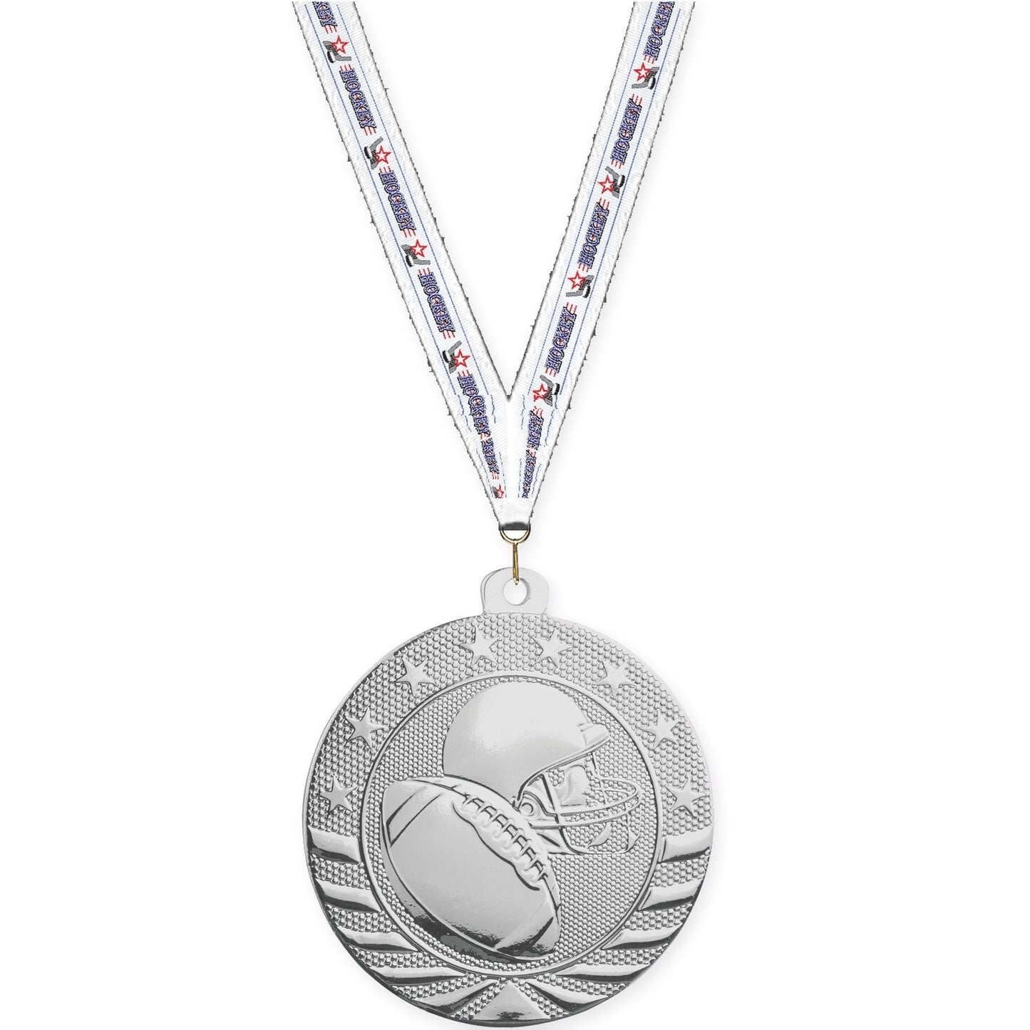 2 inch football Starbrite medal in bright silver with Hockey neck ribbon