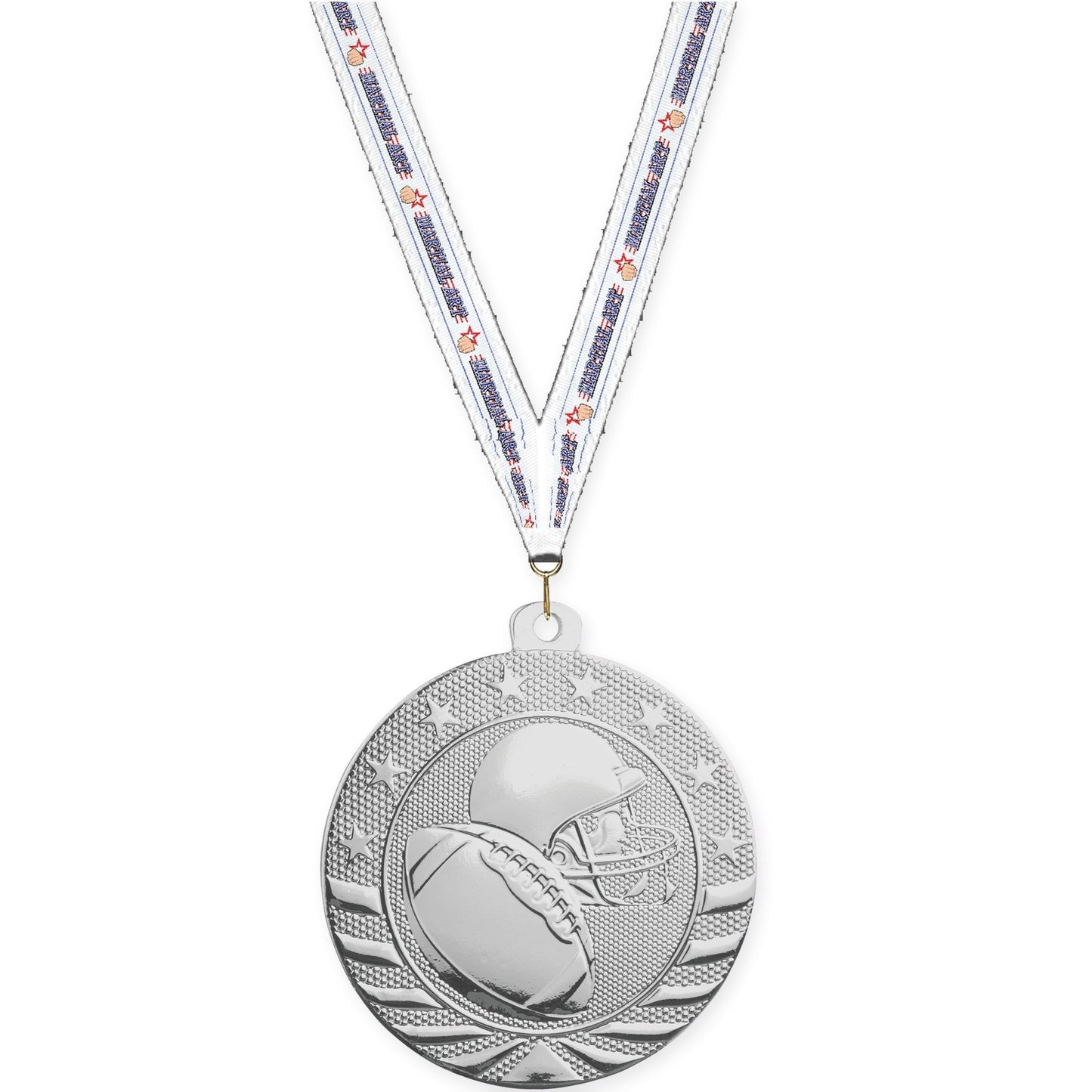 2 inch football Starbrite medal in bright silver with Martial Arts neck ribbon