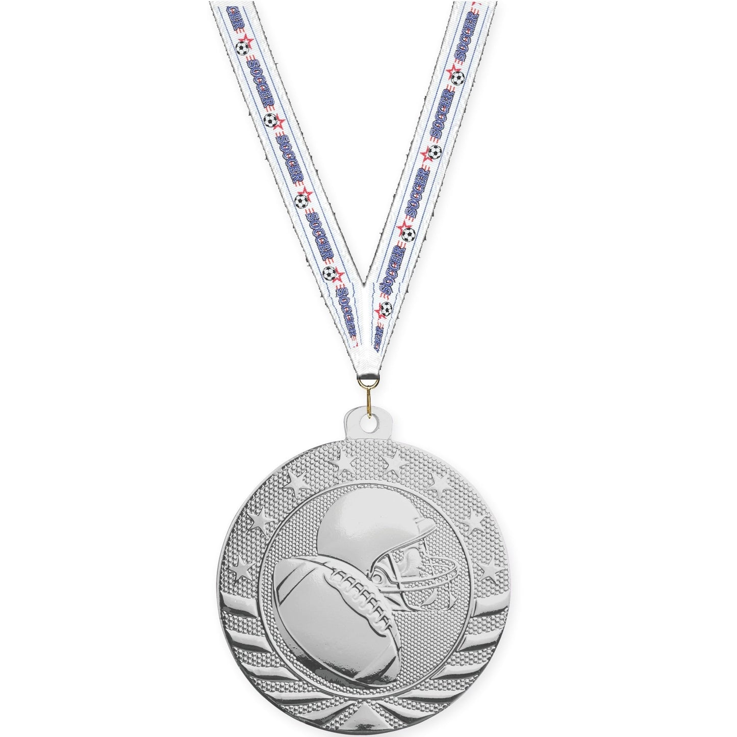 2 3/4 inch football Starbrite medal in bright silver with Soccer neck ribbon
