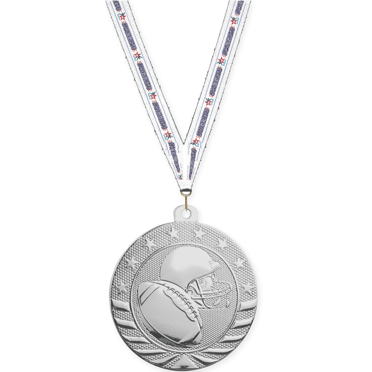 2 inch football Starbrite medal in bright silver with Swimming neck ribbon