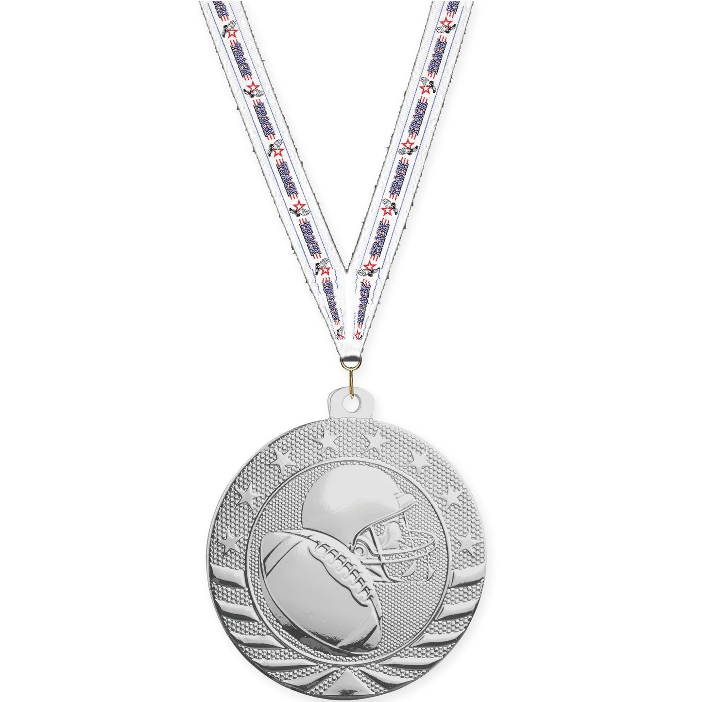 2 inch football Starbrite medal in bright silver with Track neck ribbon
