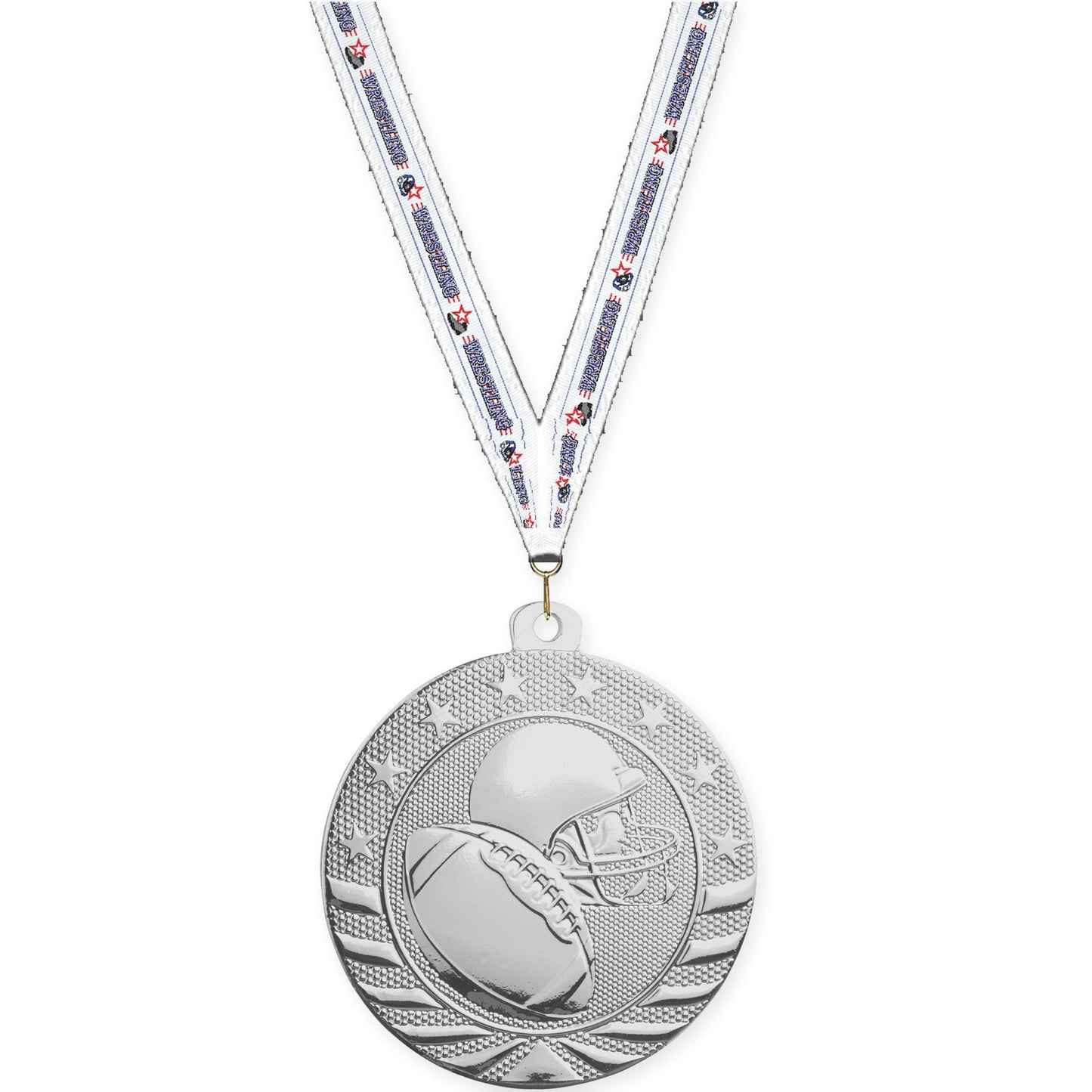 2 3/4 inch football Starbrite medal in bright silver with Wrestling neck ribbon