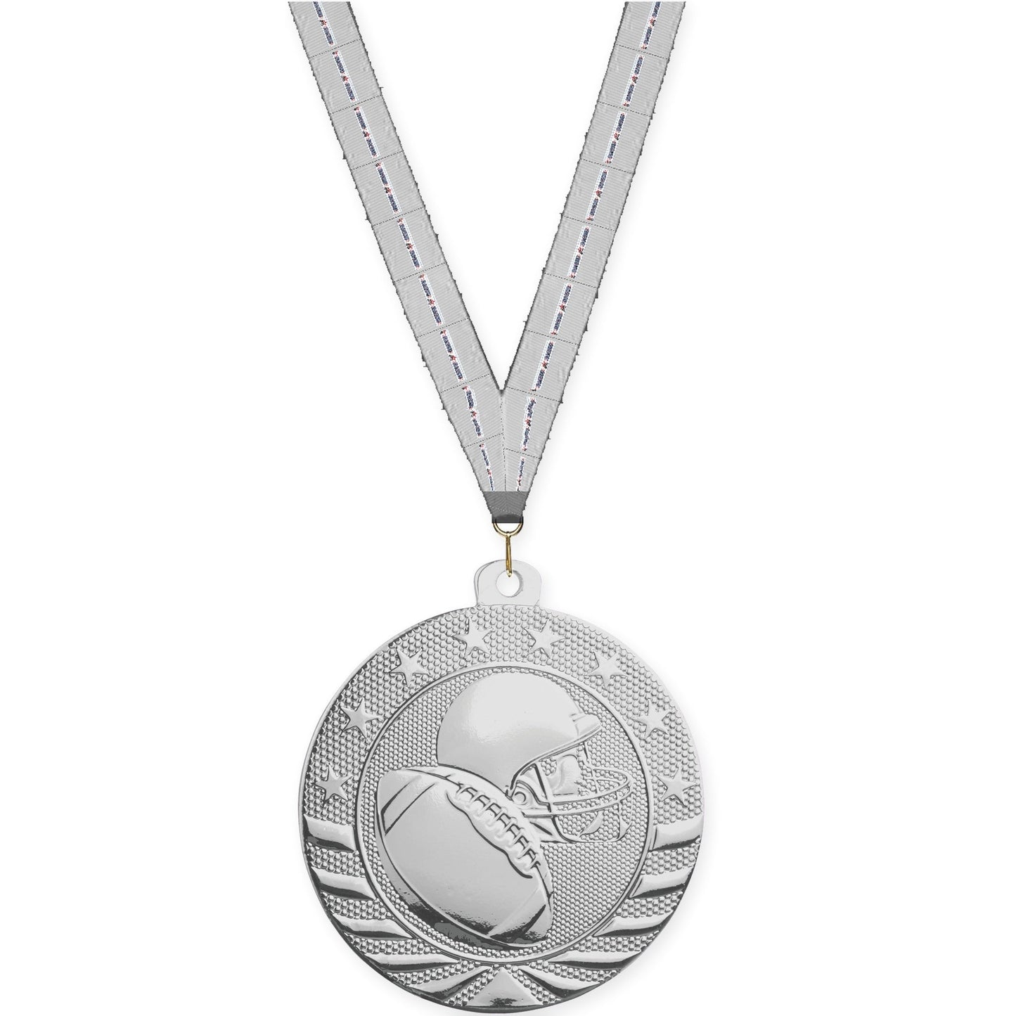 2 inch football Starbrite medal in bright silver with Auto Racing neck ribbon