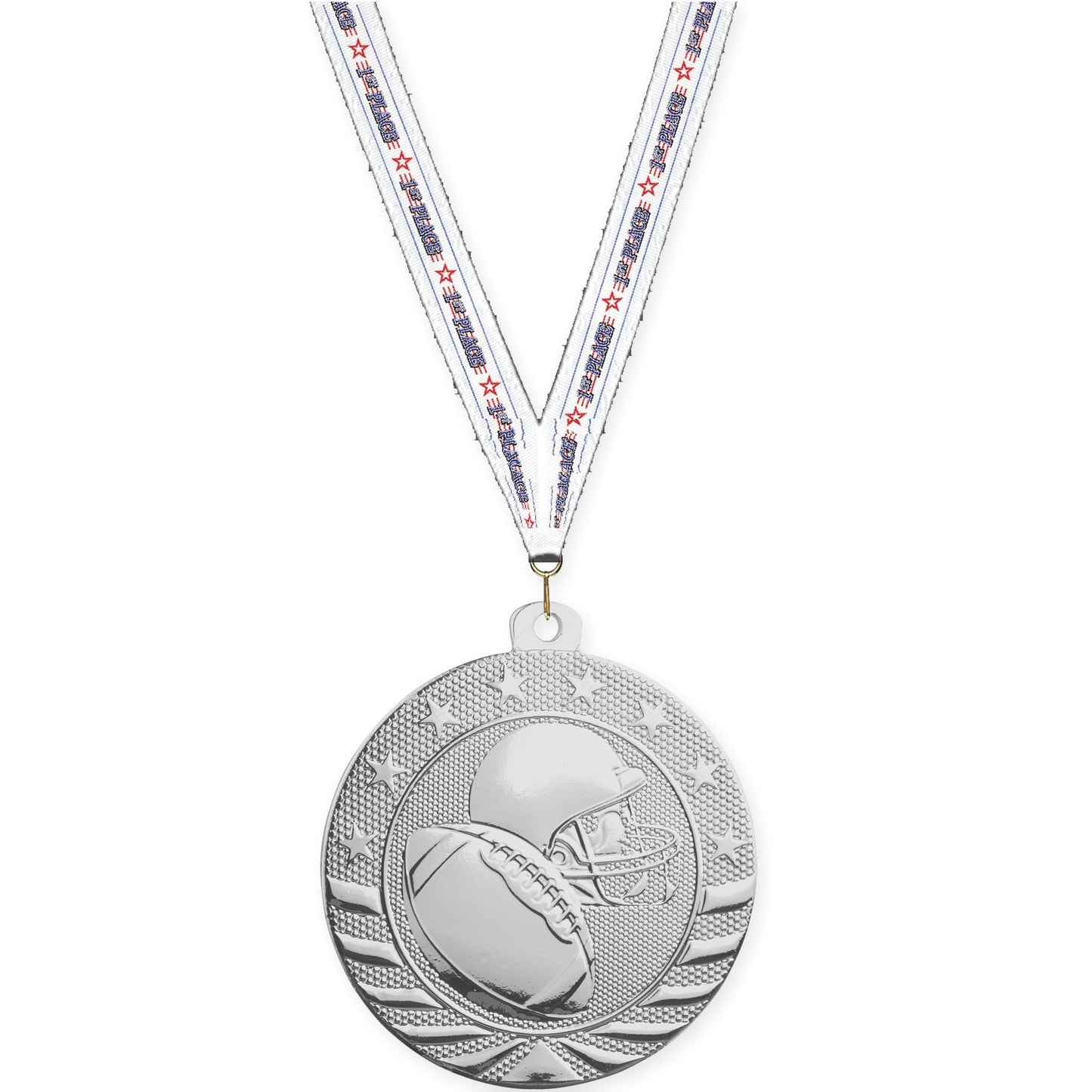 2 3/4 inch football Starbrite medal in bright silver with 1st Place neck ribbon