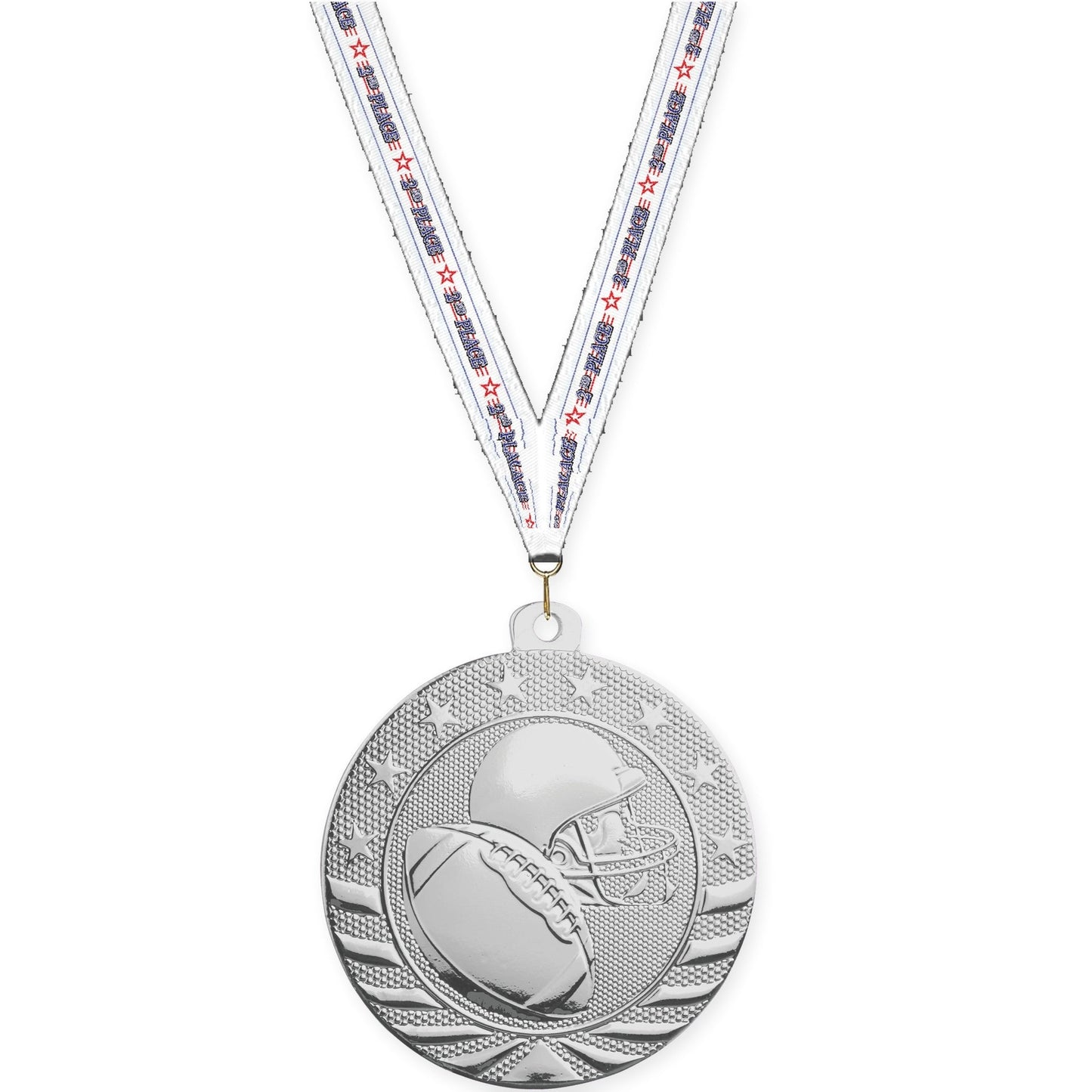 2 inch football Starbrite medal in bright silver with 2nd Place neck ribbon
