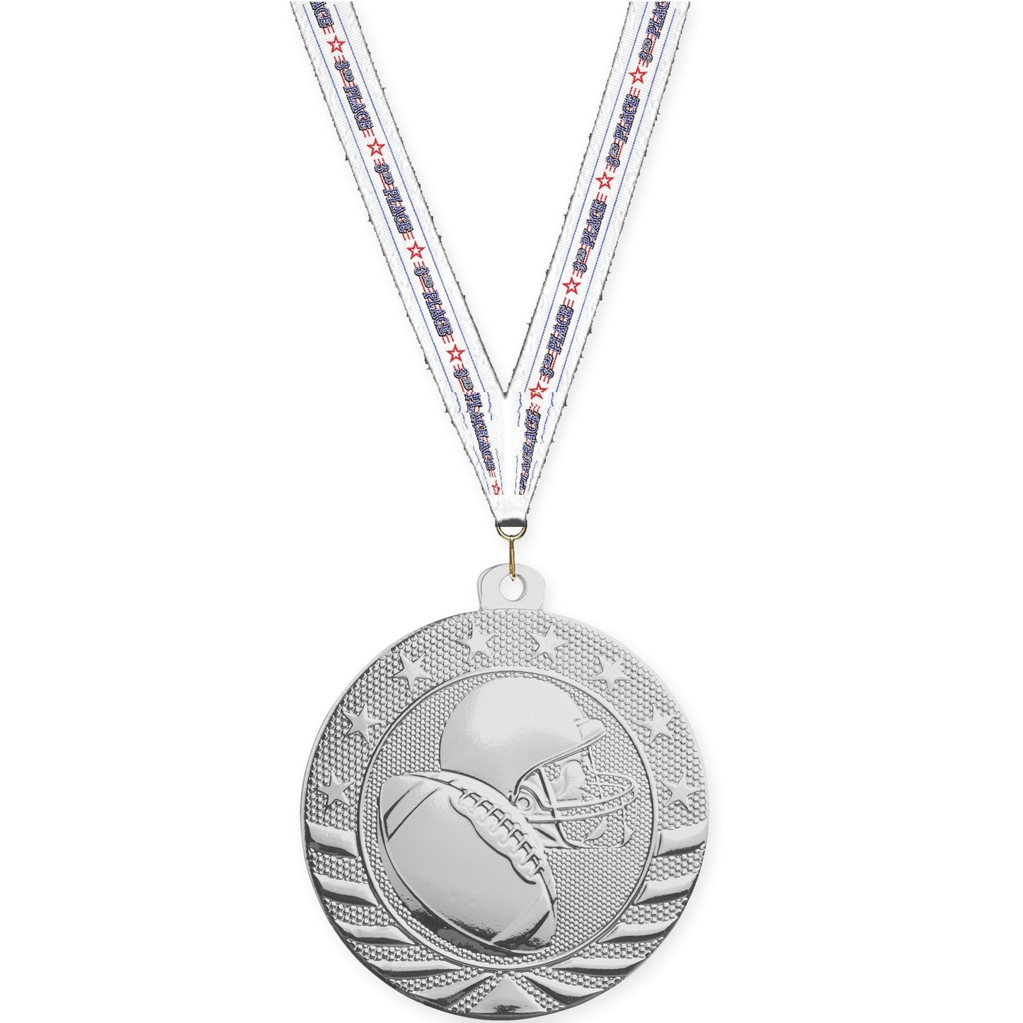 2 inch football Starbrite medal in bright silver with 3rd Place neck ribbon