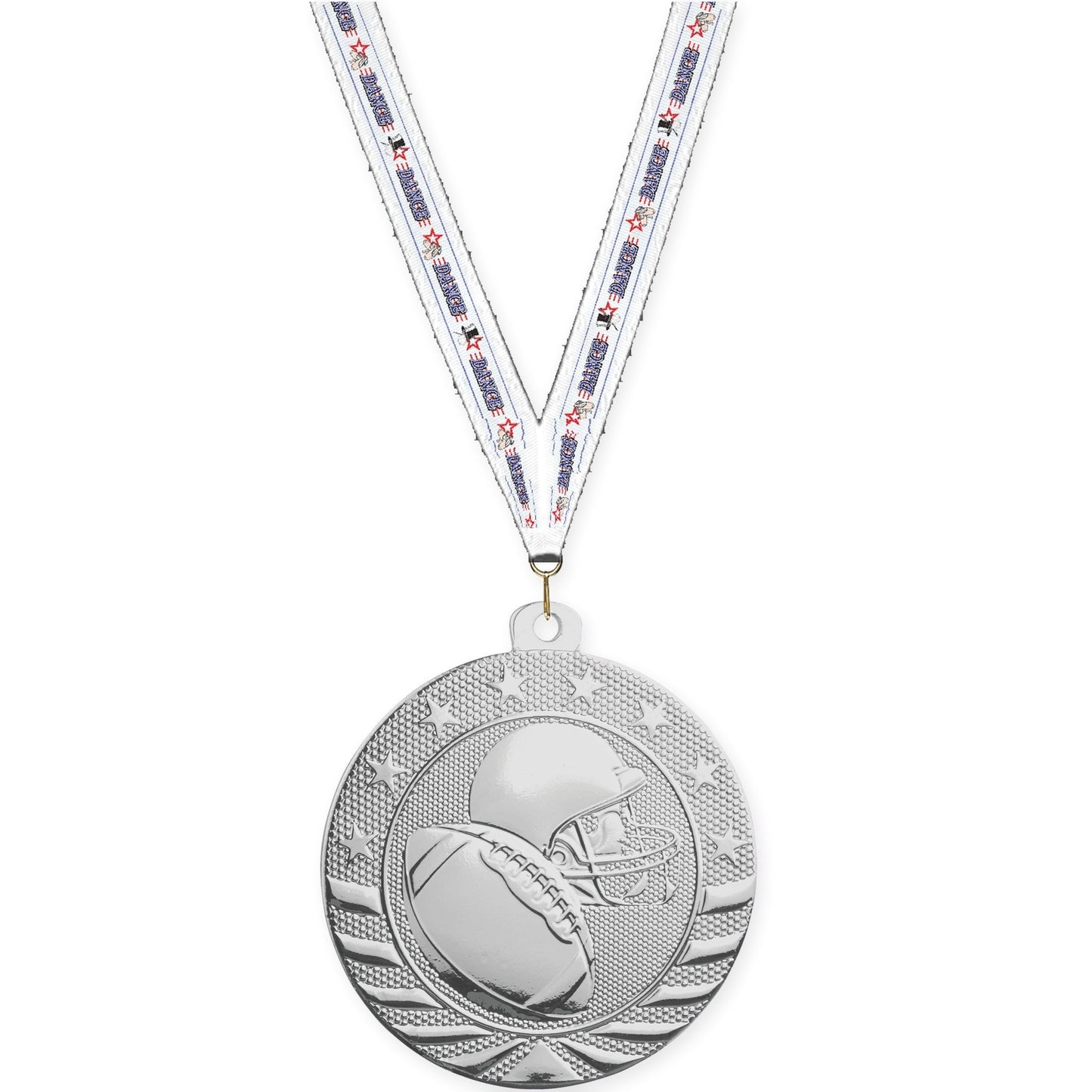2 3/4 inch football Starbrite medal in bright silver with Dance neck ribbon