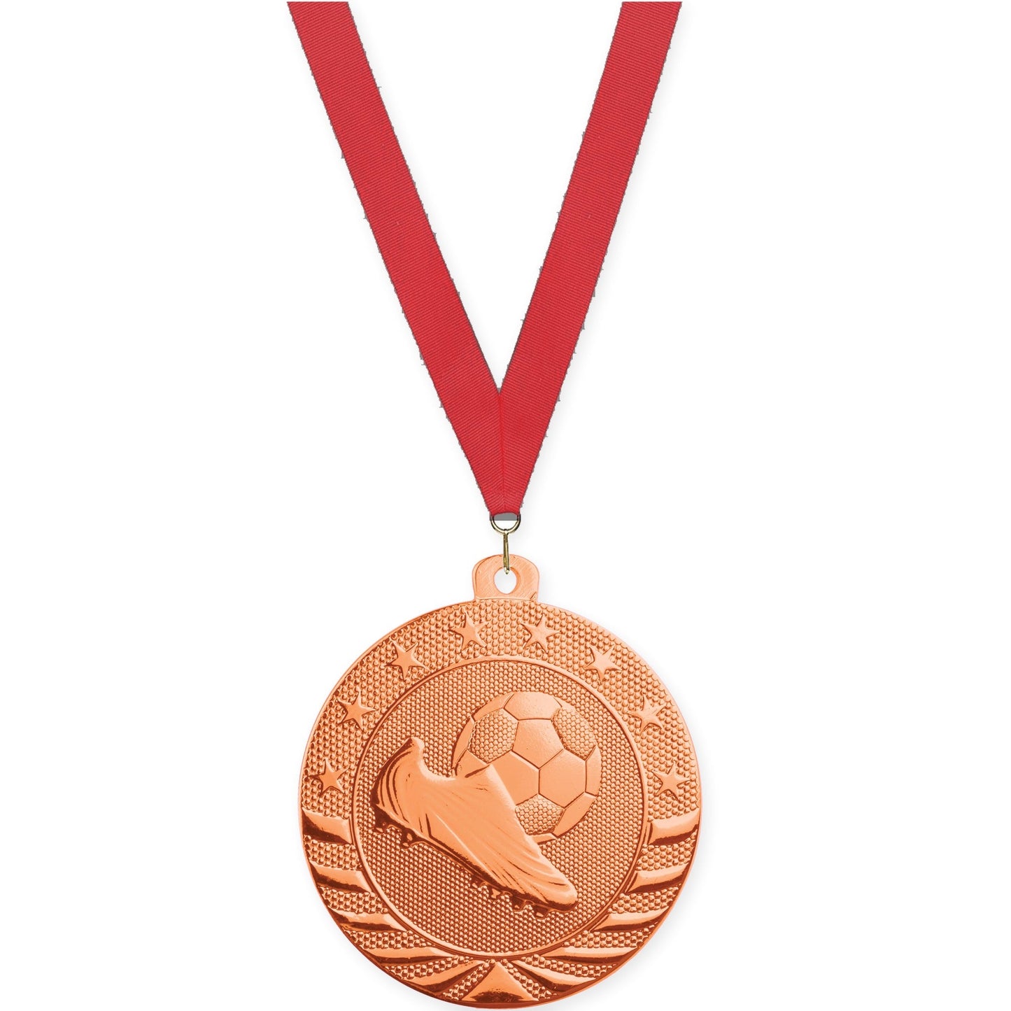 2 3/4 inch soccer Starbrite medal in bright bronze with Red neck ribbon