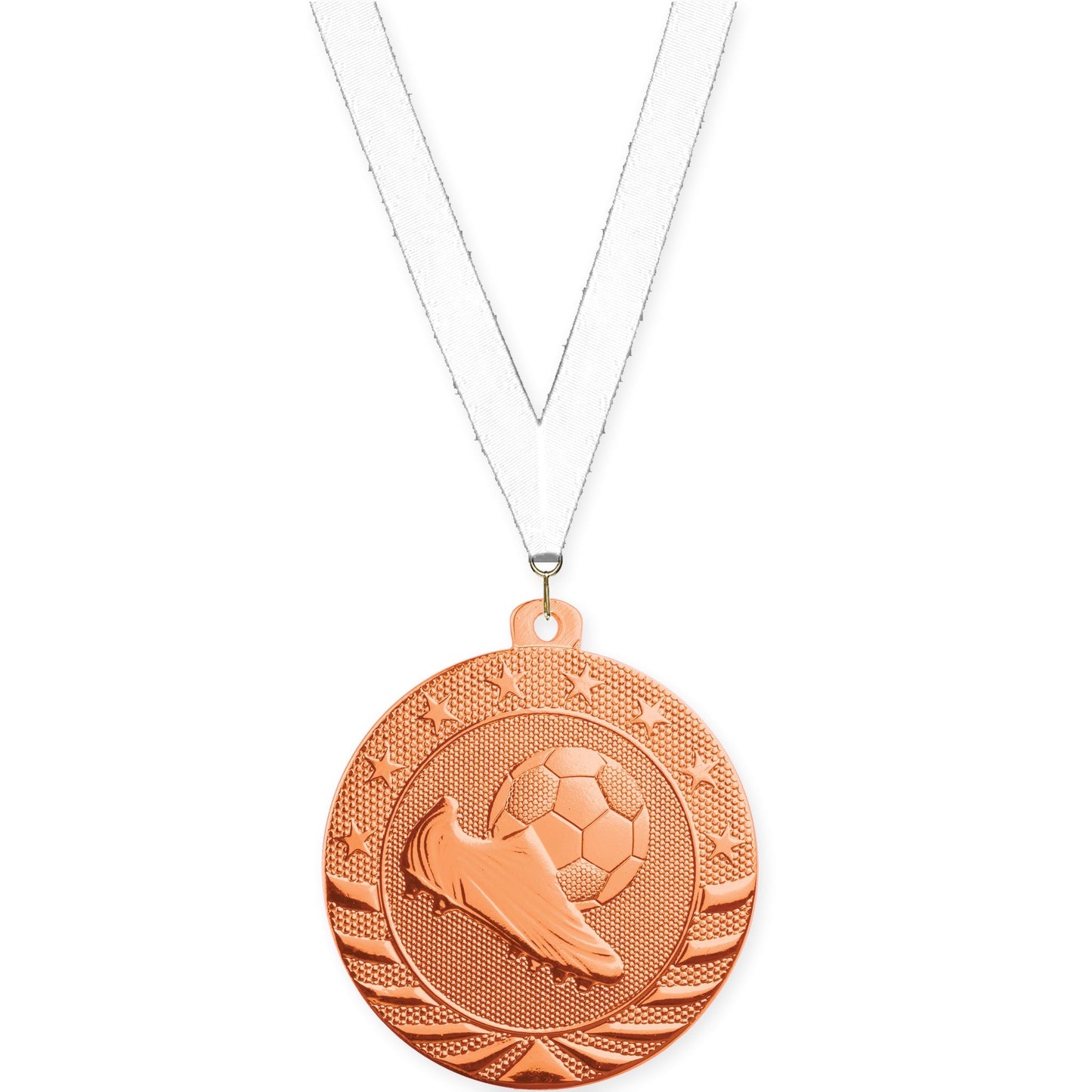 2 3/4 inch soccer Starbrite medal in bright bronze with White neck ribbon