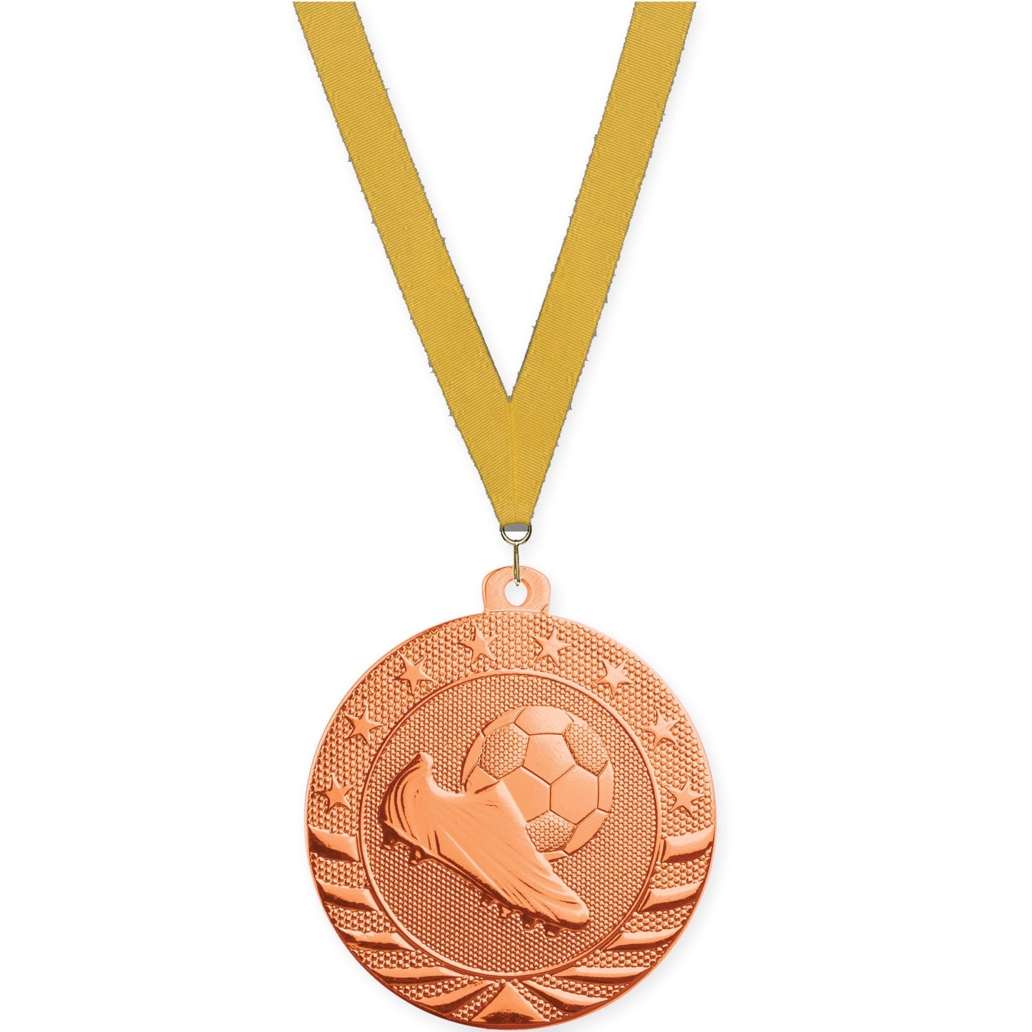 2 3/4 inch soccer Starbrite medal in bright bronze with Gold neck ribbon