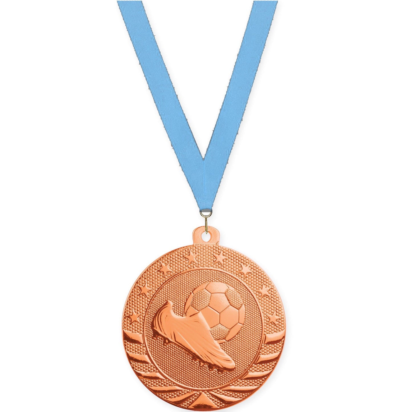 2 inch soccer Starbrite medal in bright bronze with Light Blue neck ribbon