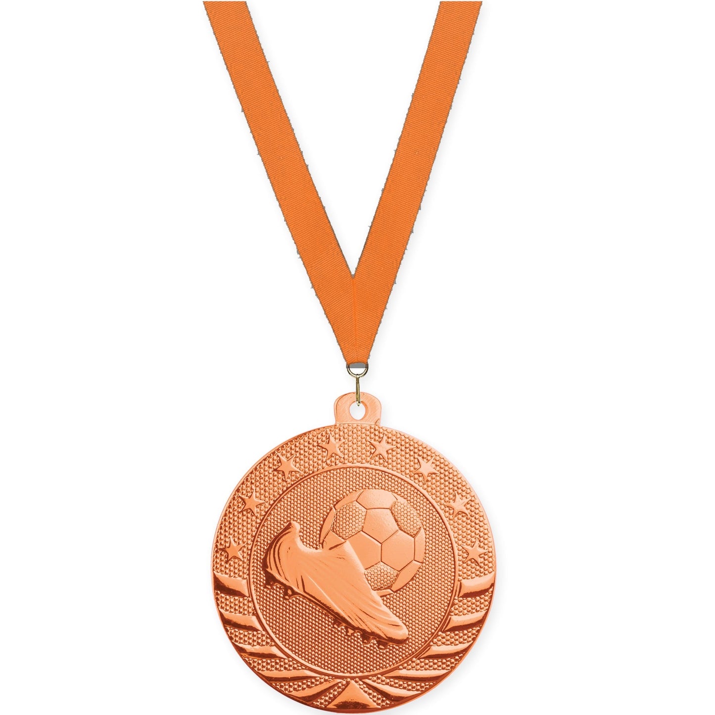 2 3/4 inch soccer Starbrite medal in bright bronze with Orange neck ribbon