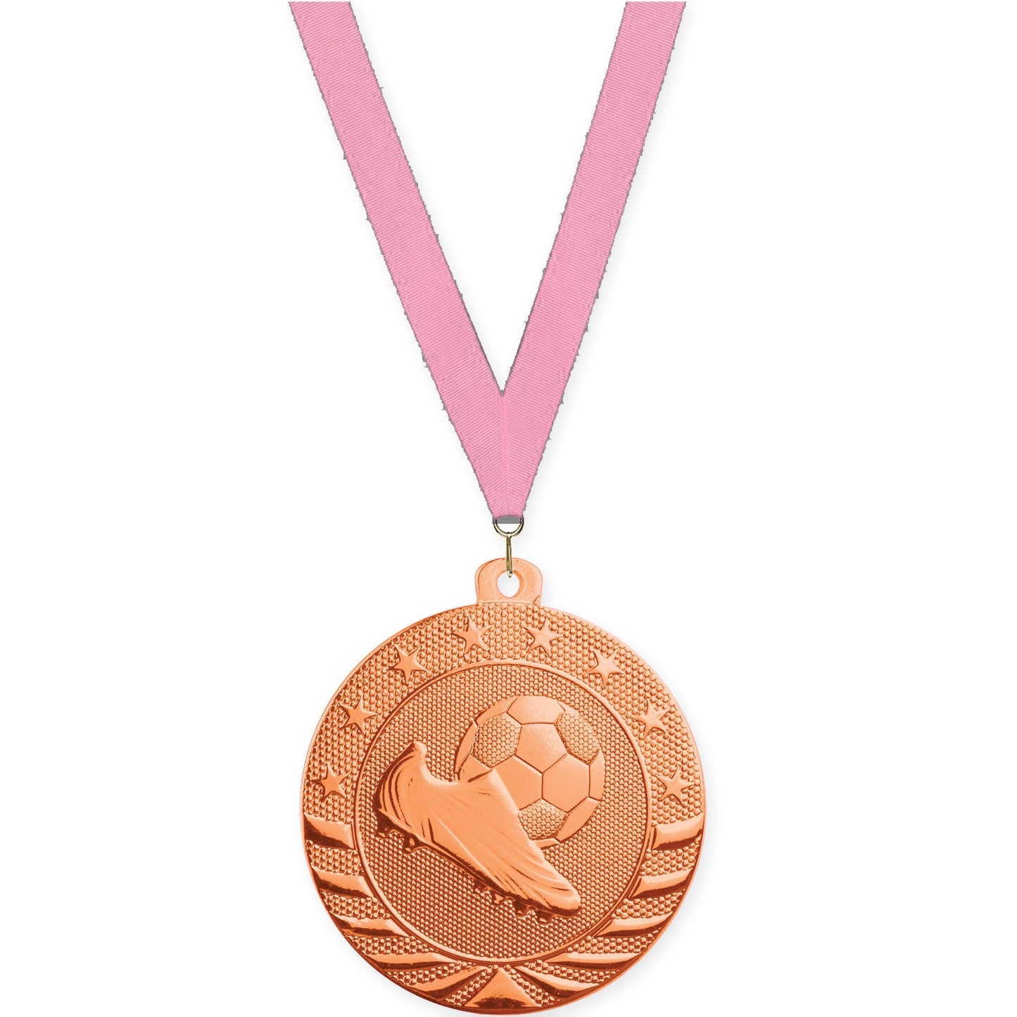 2 inch soccer Starbrite medal in bright bronze with Pink neck ribbon