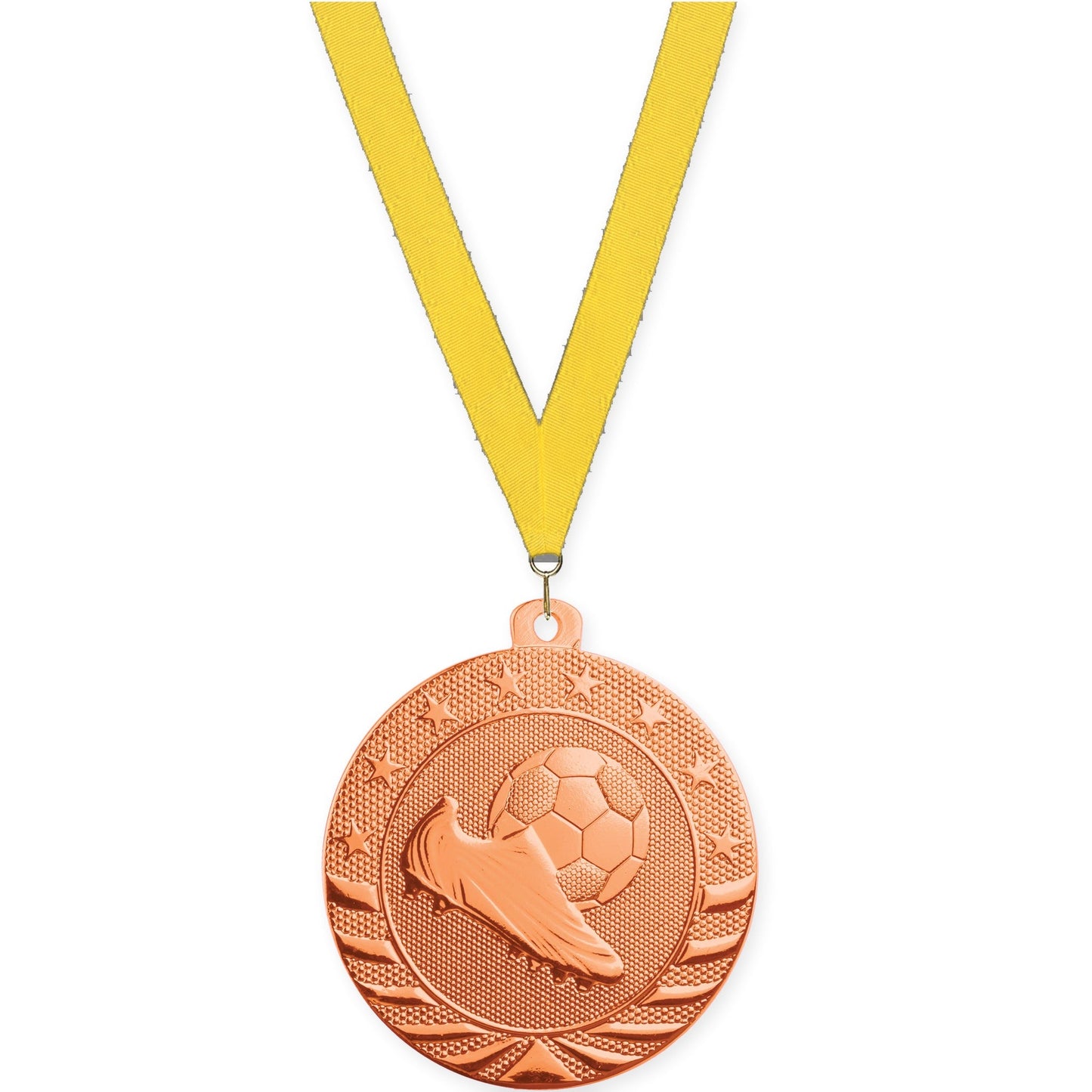 2 inch soccer Starbrite medal in bright bronze with Yellow neck ribbon