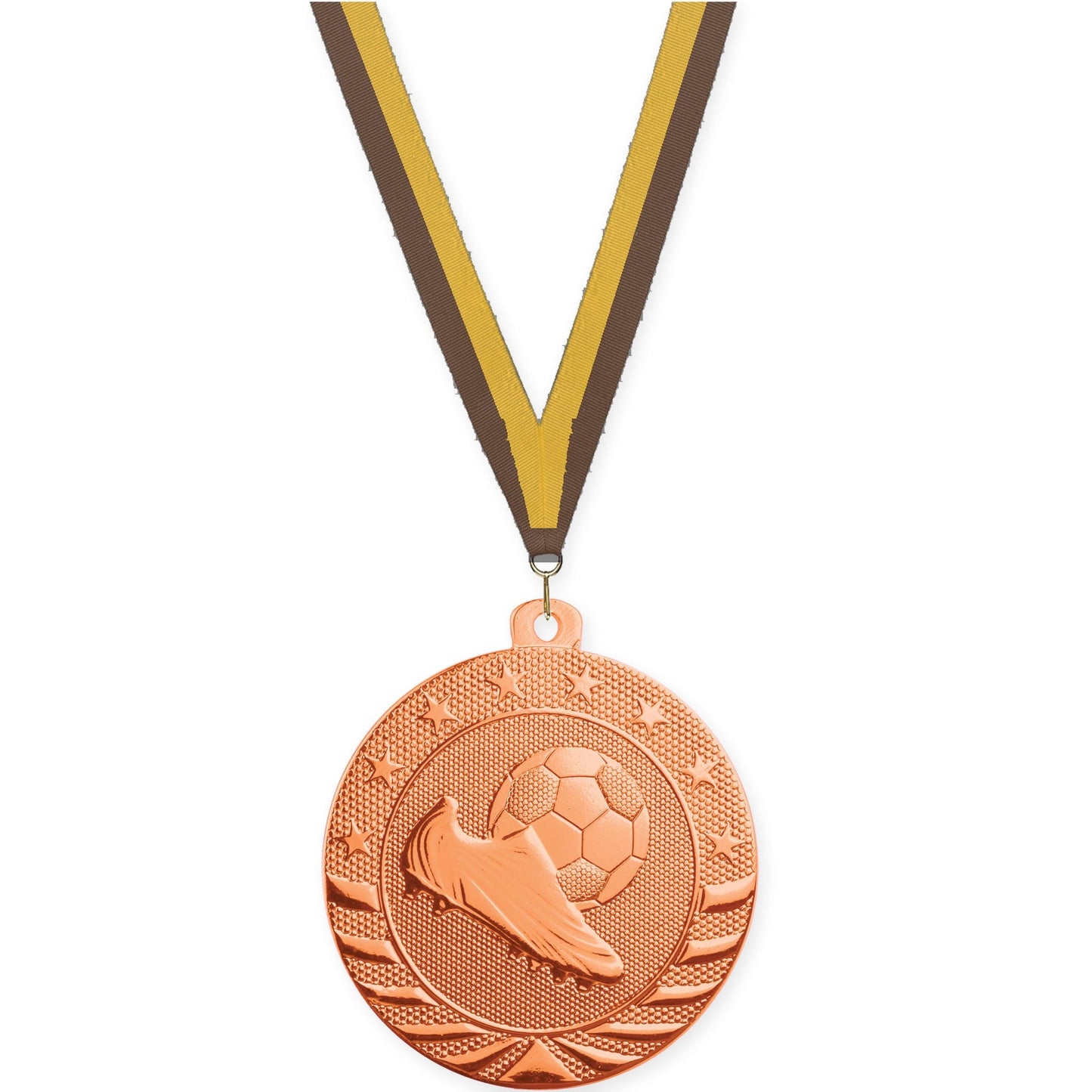 2 inch soccer Starbrite medal in bright bronze with Brown Gold neck ribbon