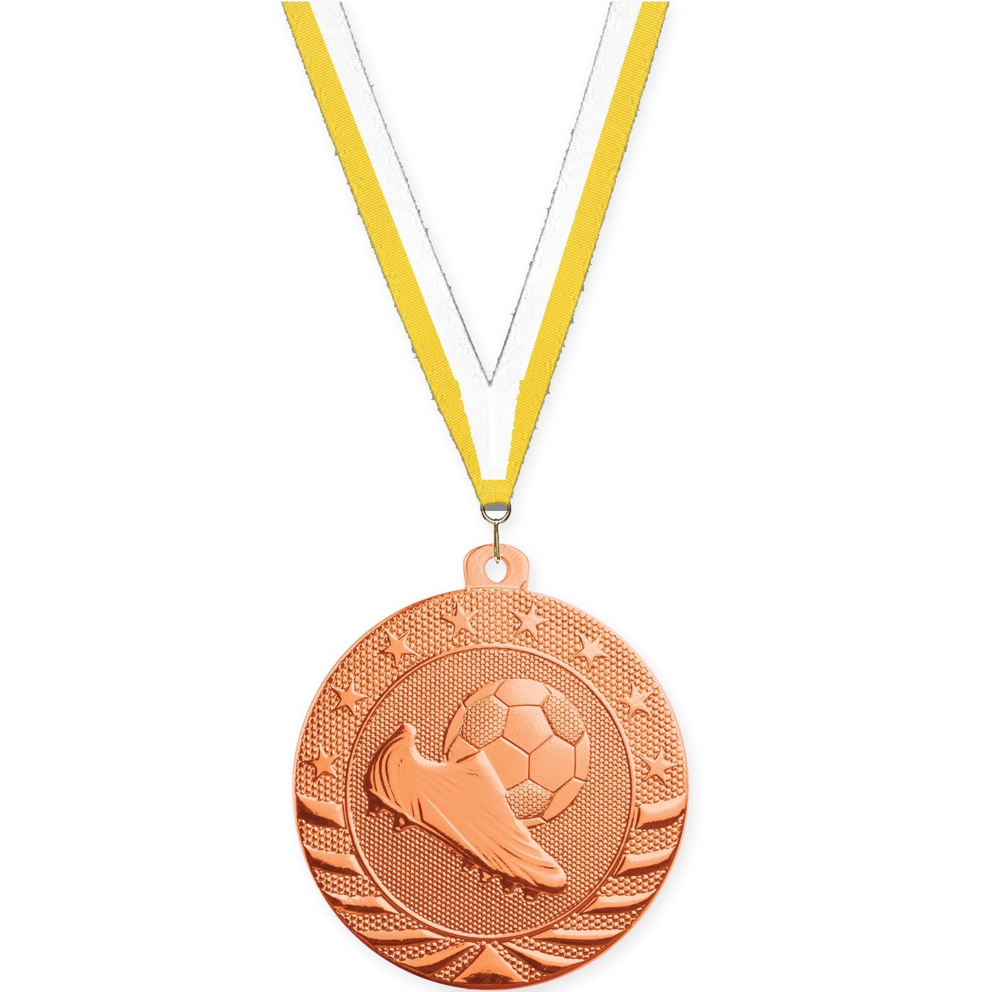 2 inch soccer Starbrite medal in bright bronze with Yellow White neck ribbon
