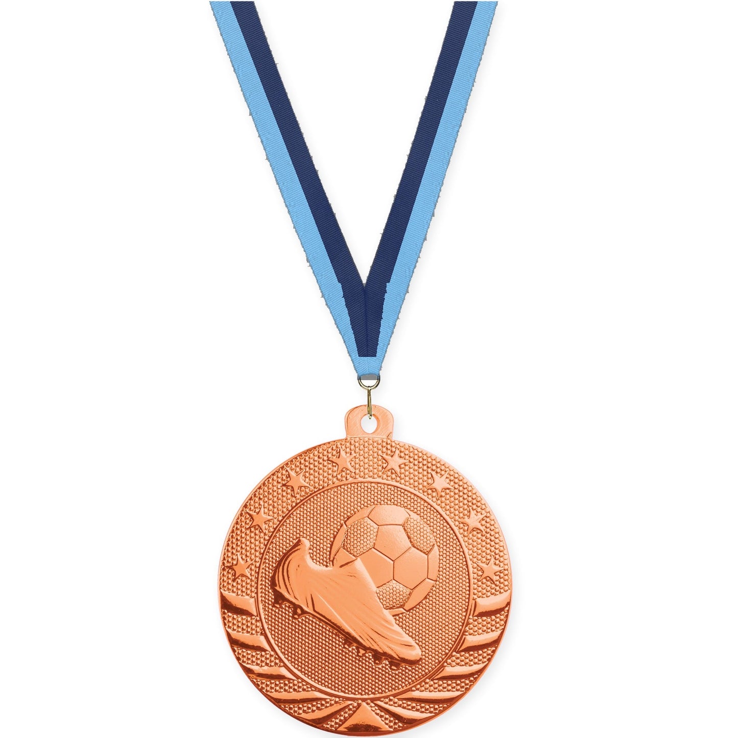 2 3/4 inch soccer Starbrite medal in bright bronze with Light Blue Navy neck ribbon
