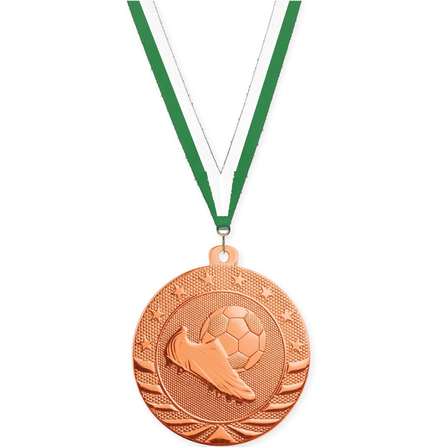 2 inch soccer Starbrite medal in bright bronze with Green White neck ribbon