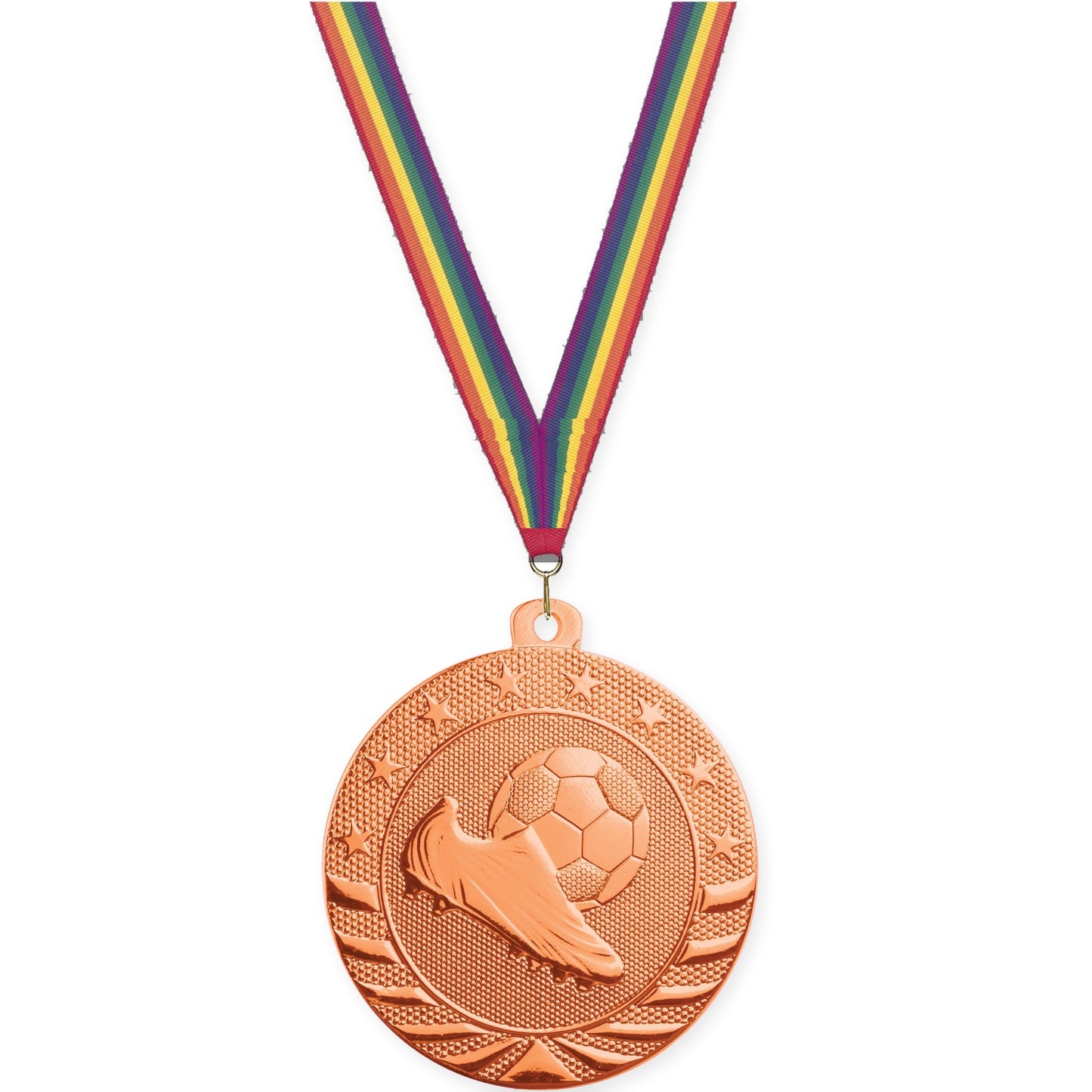 2 inch soccer Starbrite medal in bright bronze with Rainbow neck ribbon