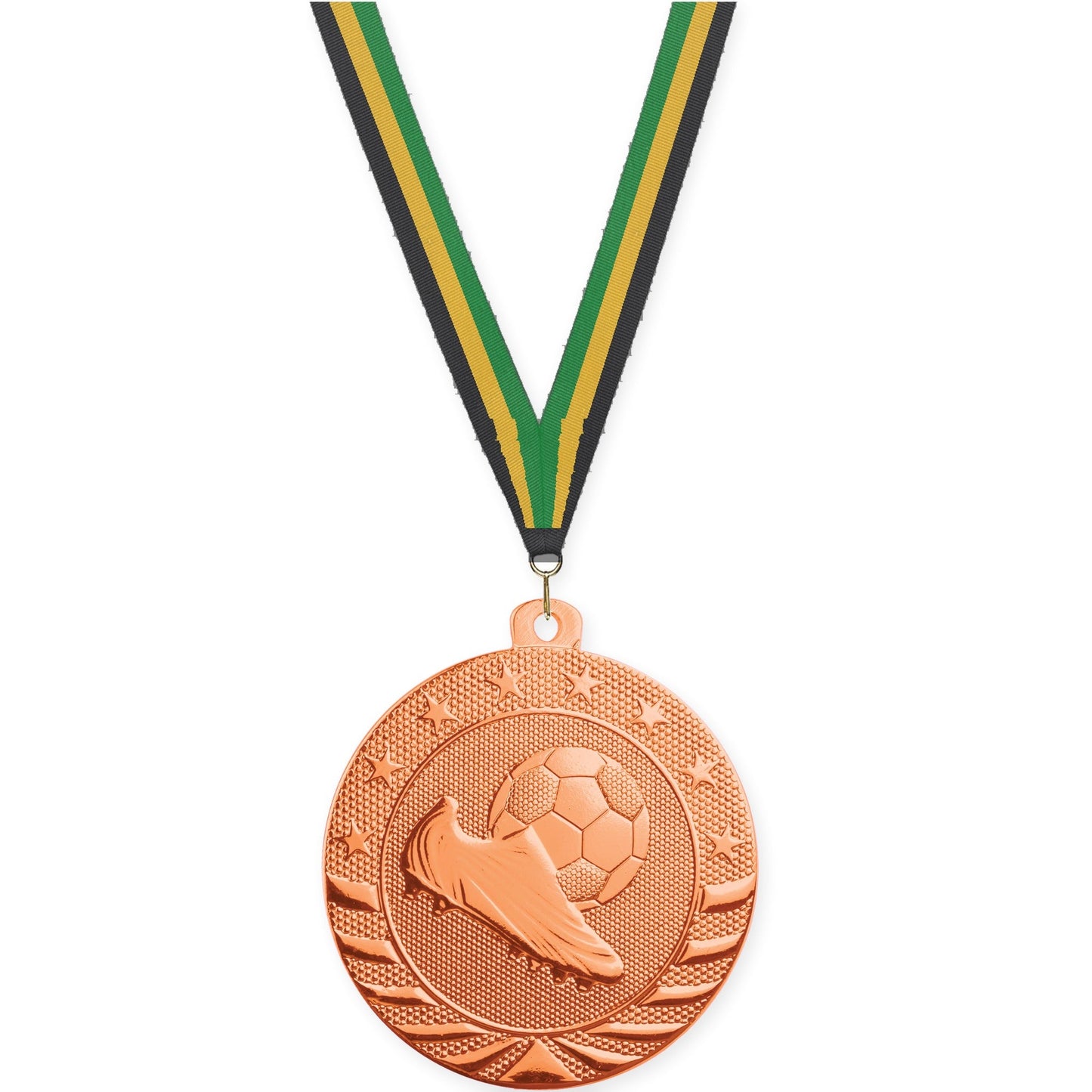 2 inch soccer Starbrite medal in bright bronze with Black Gold Green neck ribbon