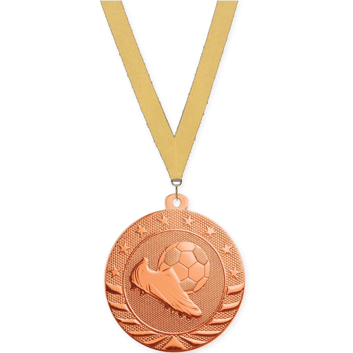 2 inch soccer Starbrite medal in bright bronze with Gold Metallic neck ribbon