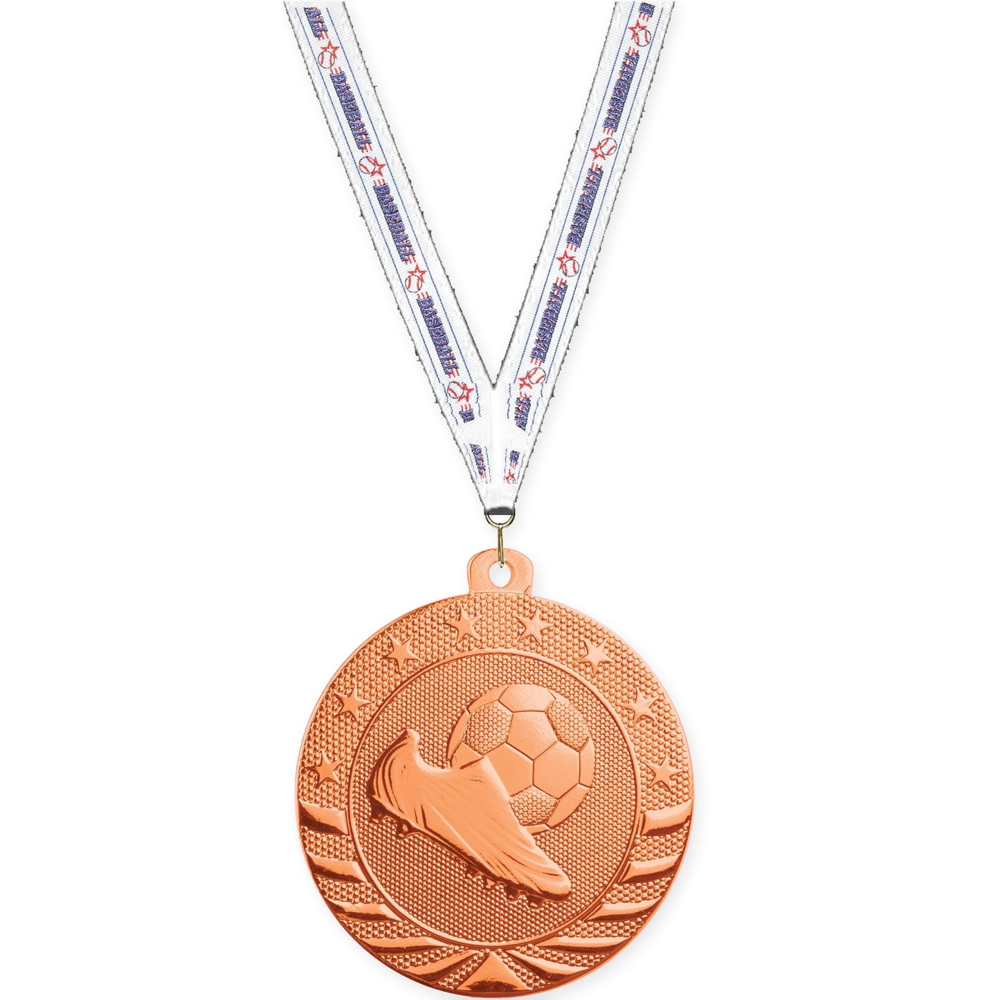2 inch soccer Starbrite medal in bright bronze with Baseball neck ribbon