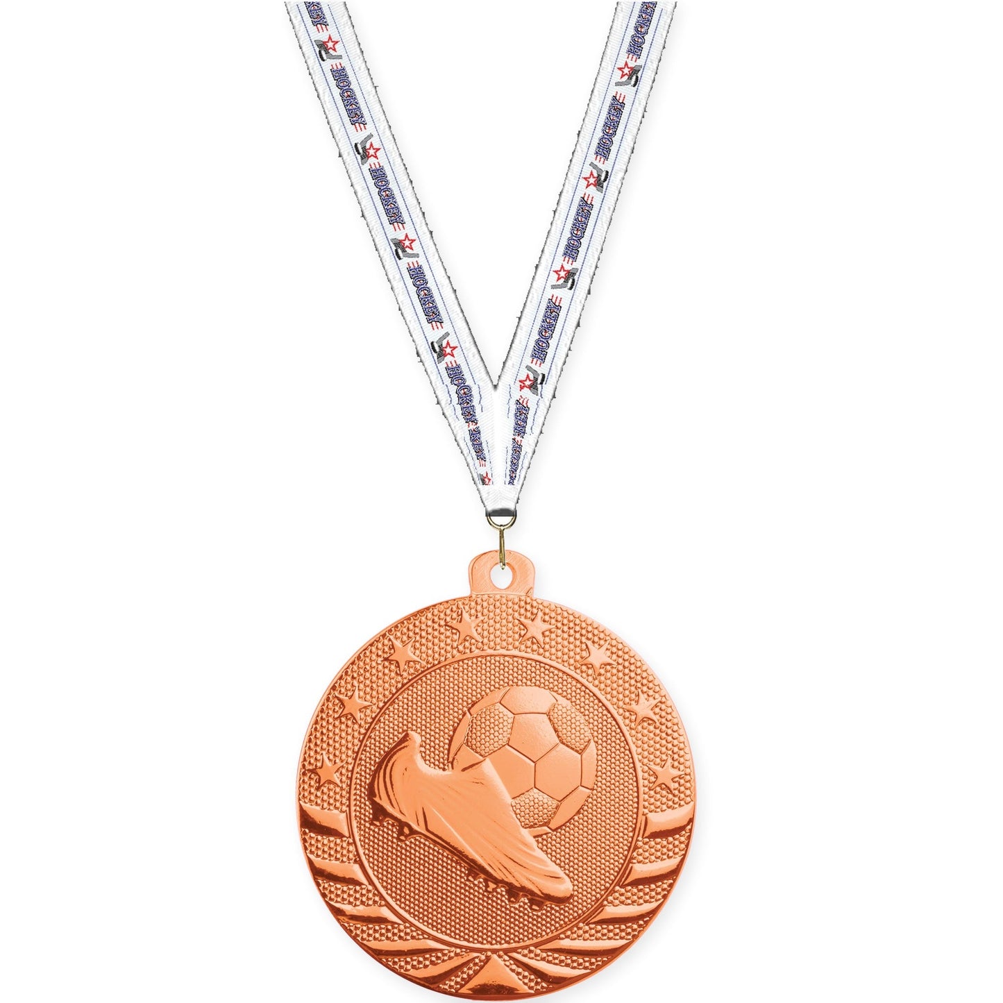 2 inch soccer Starbrite medal in bright bronze with Hockey neck ribbon