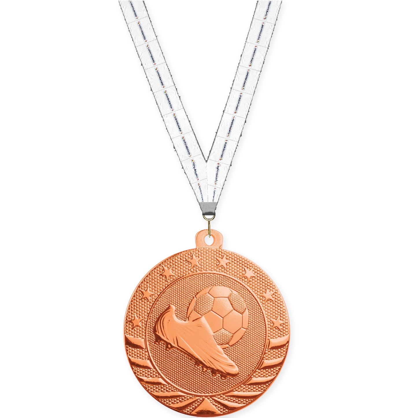 2 inch soccer Starbrite medal in bright bronze with Lamp Of Knowledge neck ribbon