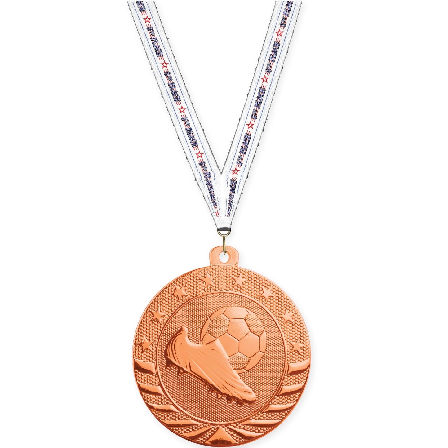 2 inch soccer Starbrite medal in bright bronze with 3rd Place neck ribbon