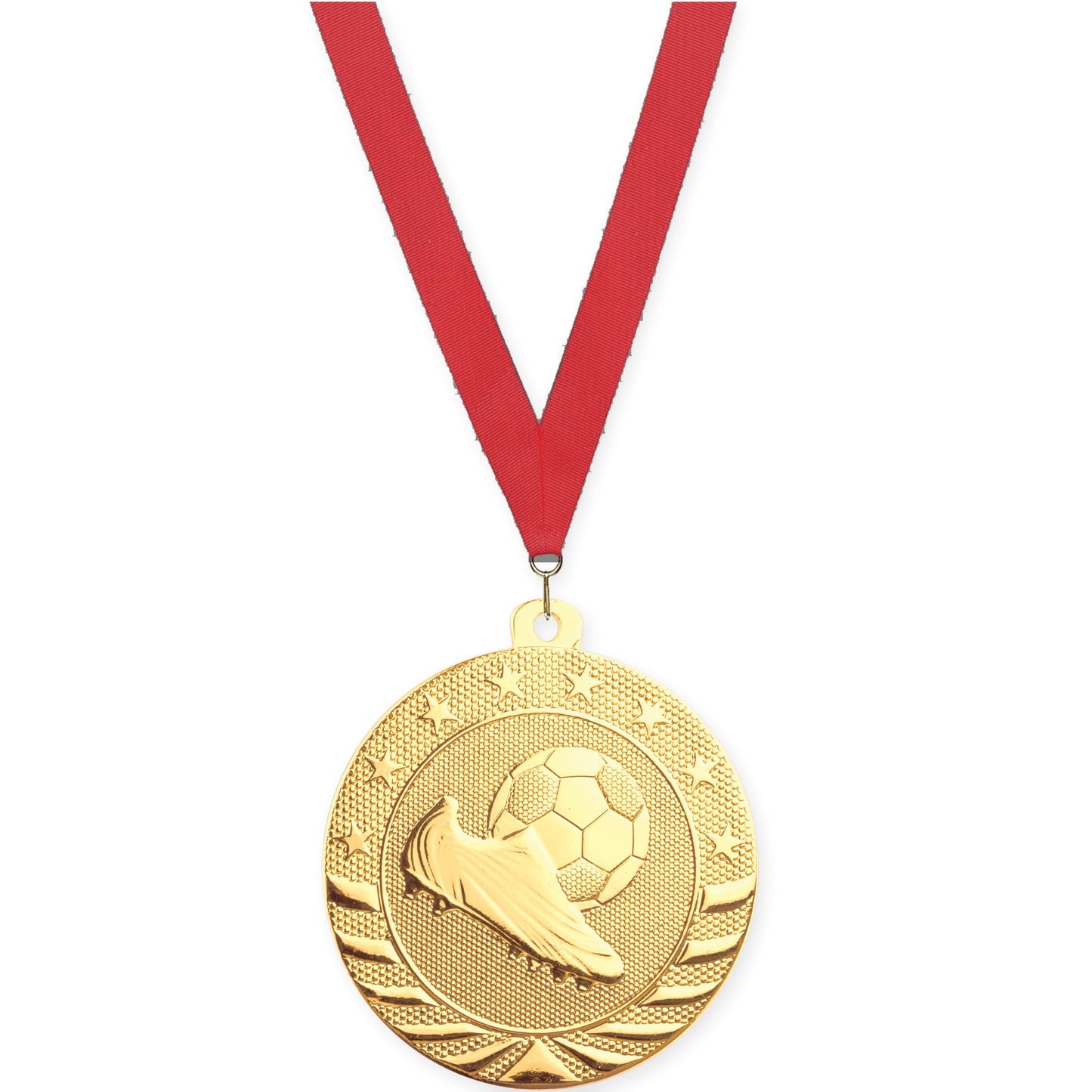 2 inch soccer Starbrite medal in bright gold with Red neck ribbon