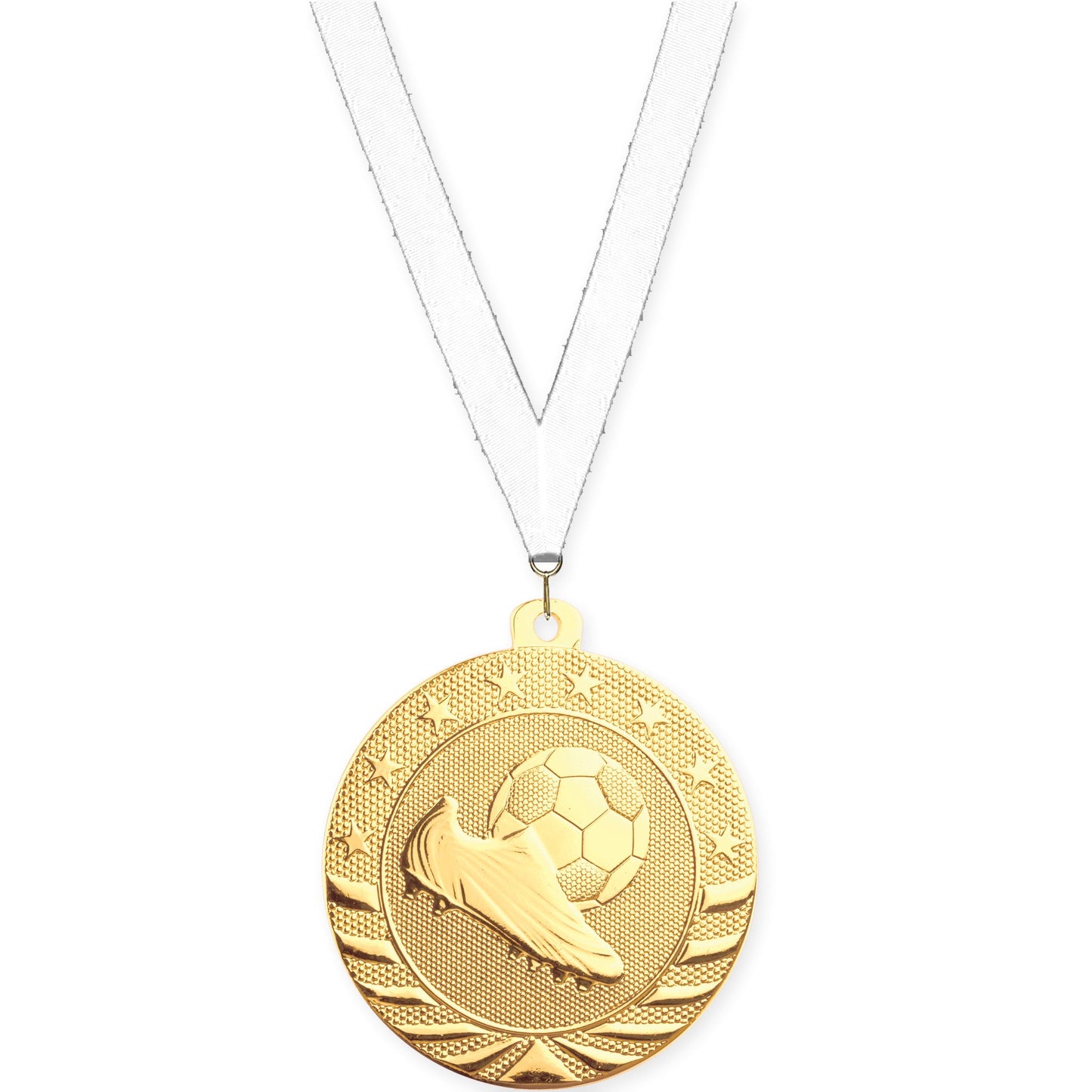 2 3/4 inch soccer Starbrite medal in bright gold with White neck ribbon
