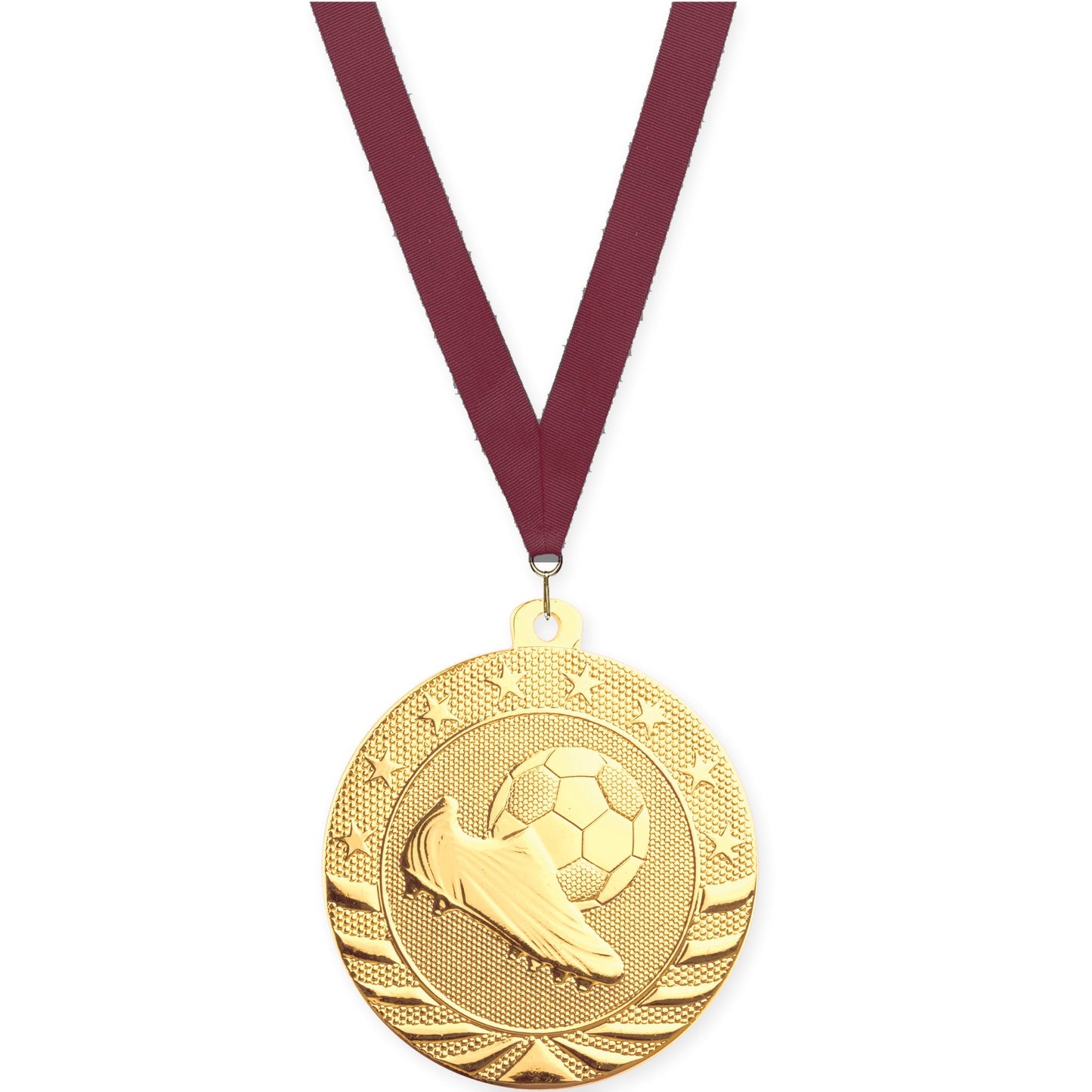 2 inch soccer Starbrite medal in bright gold with Maroon neck ribbon