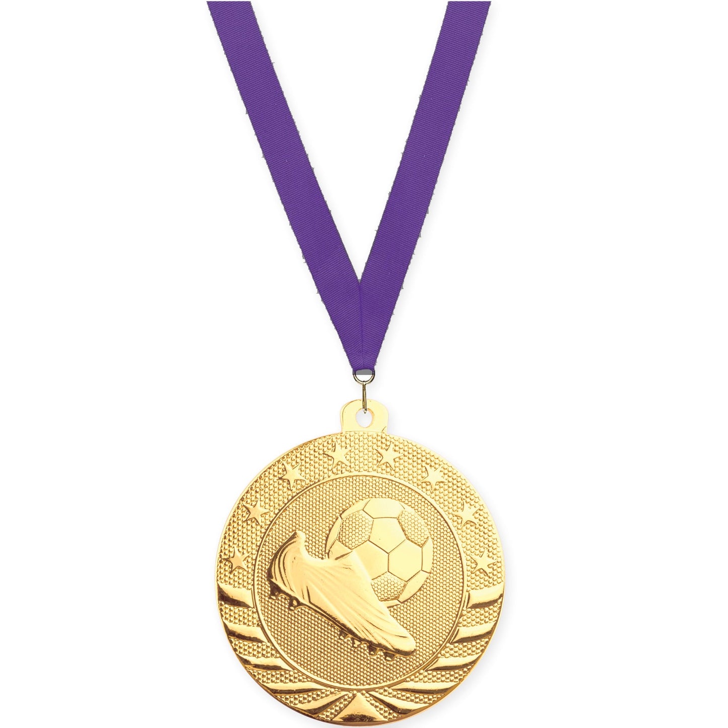 2 inch soccer Starbrite medal in bright gold with Purple neck ribbon