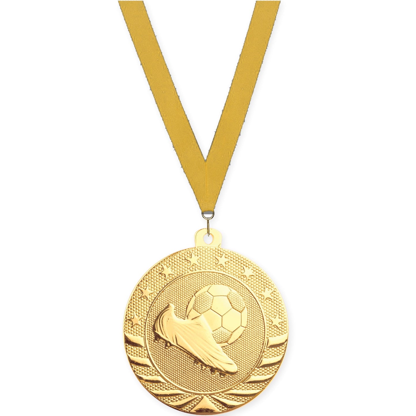 2 inch soccer Starbrite medal in bright gold with Gold neck ribbon