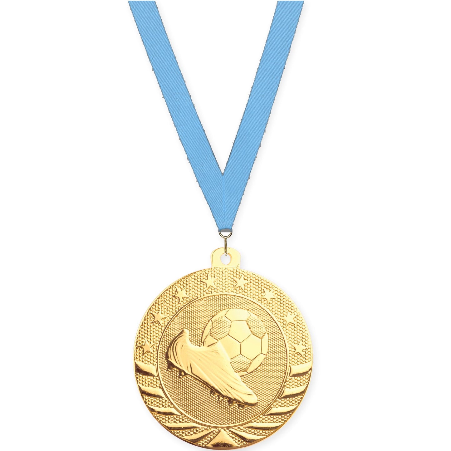 2 inch soccer Starbrite medal in bright gold with Light Blue neck ribbon