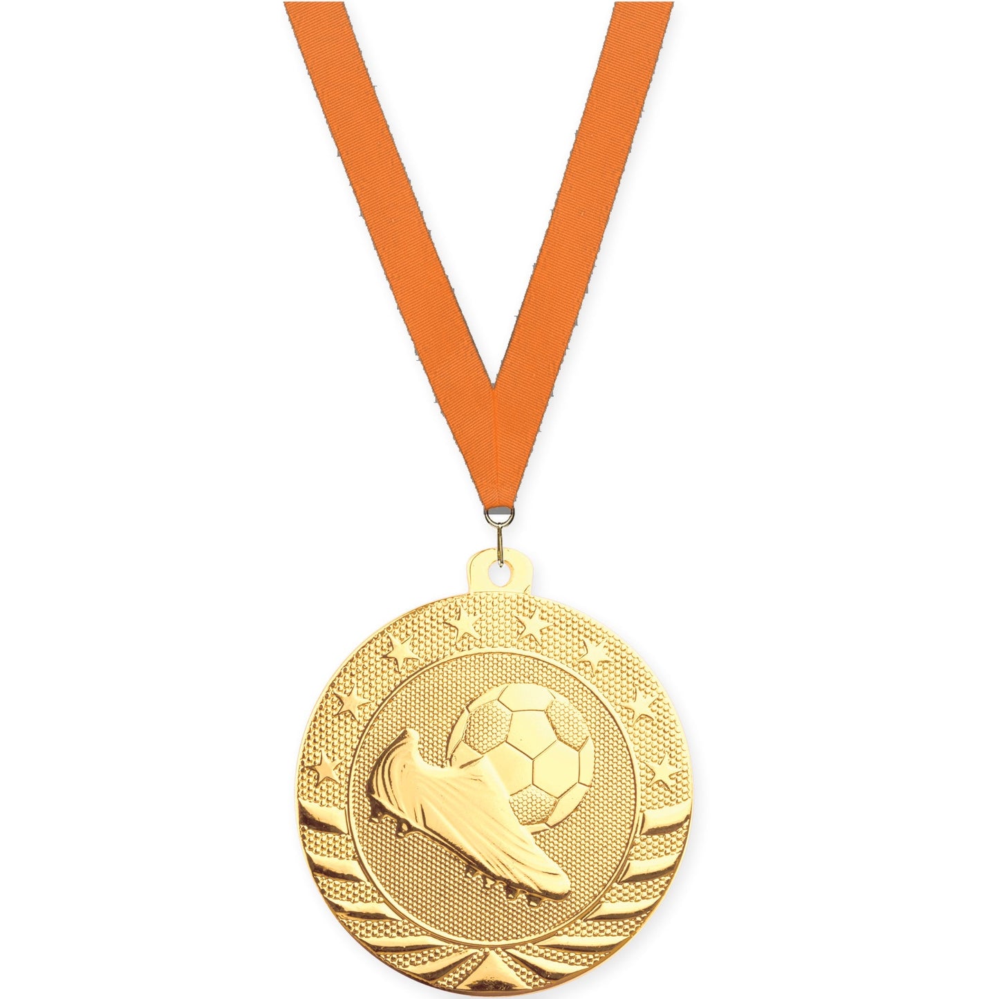 2 inch soccer Starbrite medal in bright gold with Orange neck ribbon