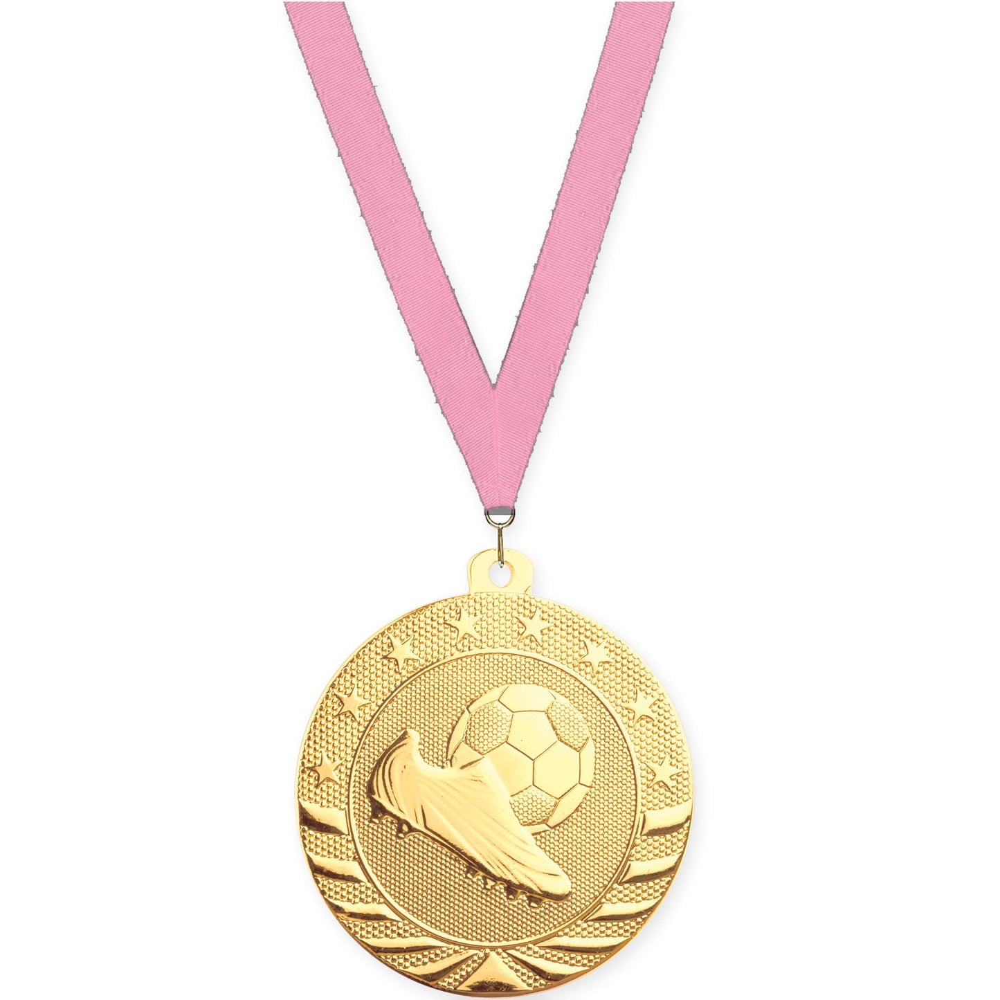2 inch soccer Starbrite medal in bright gold with Pink neck ribbon