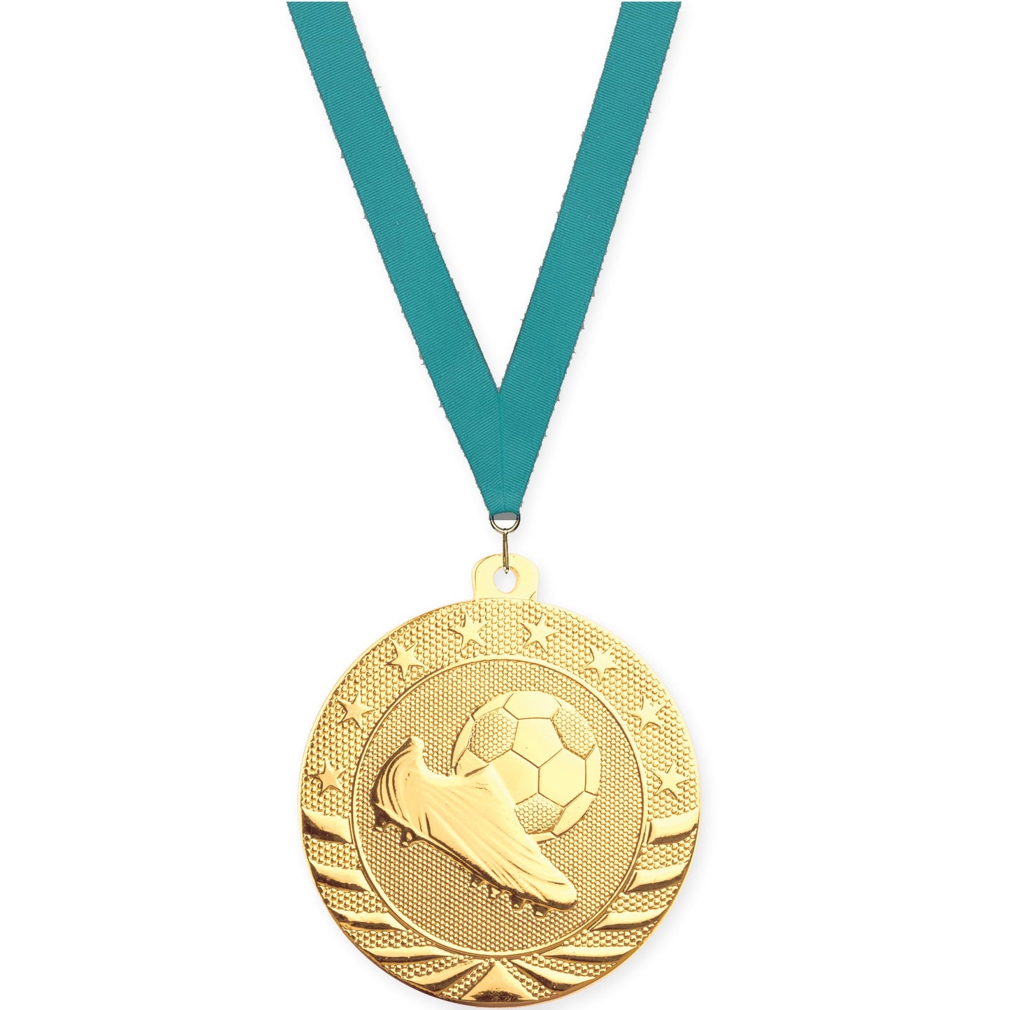 2 inch soccer Starbrite medal in bright gold with Teal neck ribbon