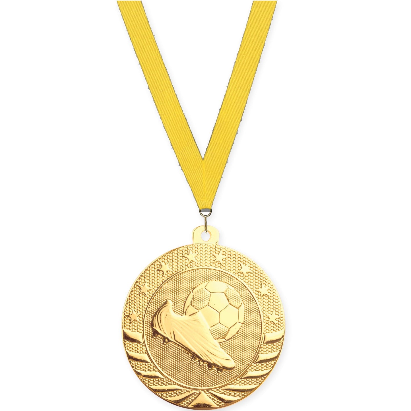 2 inch soccer Starbrite medal in bright gold with Yellow neck ribbon