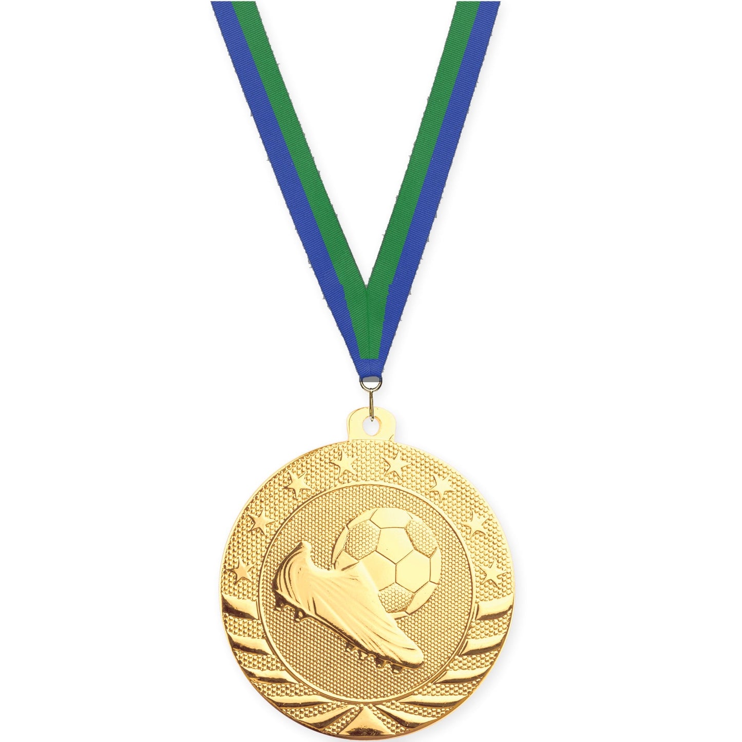 2 inch soccer Starbrite medal in bright gold with Blue Green neck ribbon