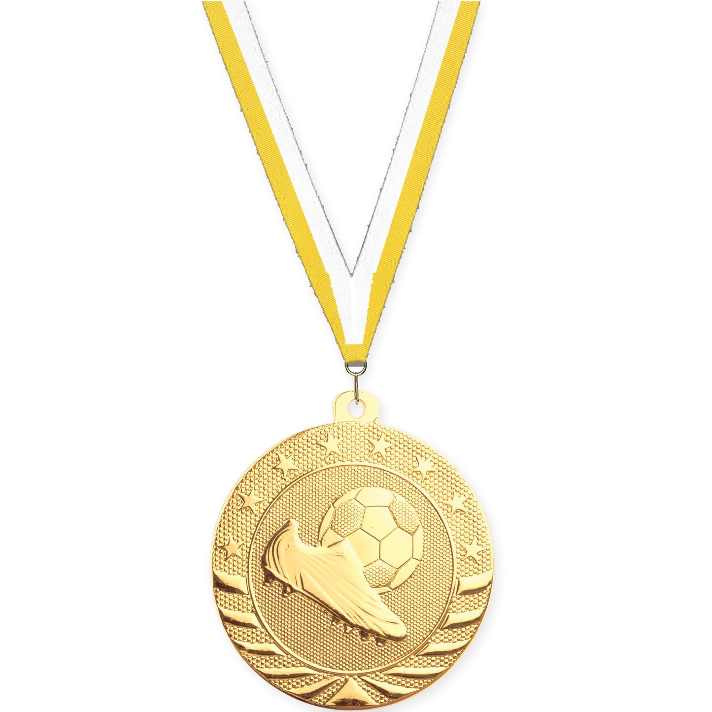2 inch soccer Starbrite medal in bright gold with Yellow White neck ribbon