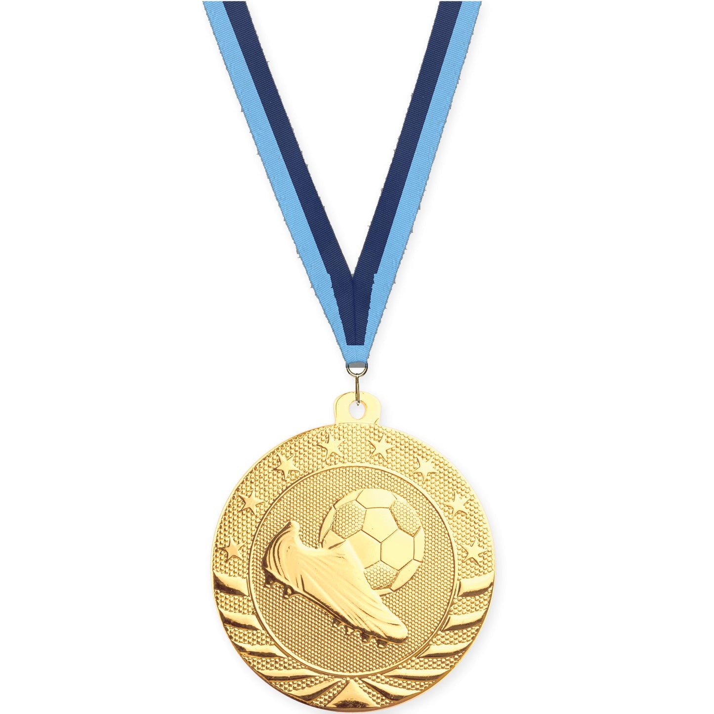 2 inch soccer Starbrite medal in bright gold with Light Blue Navy neck ribbon