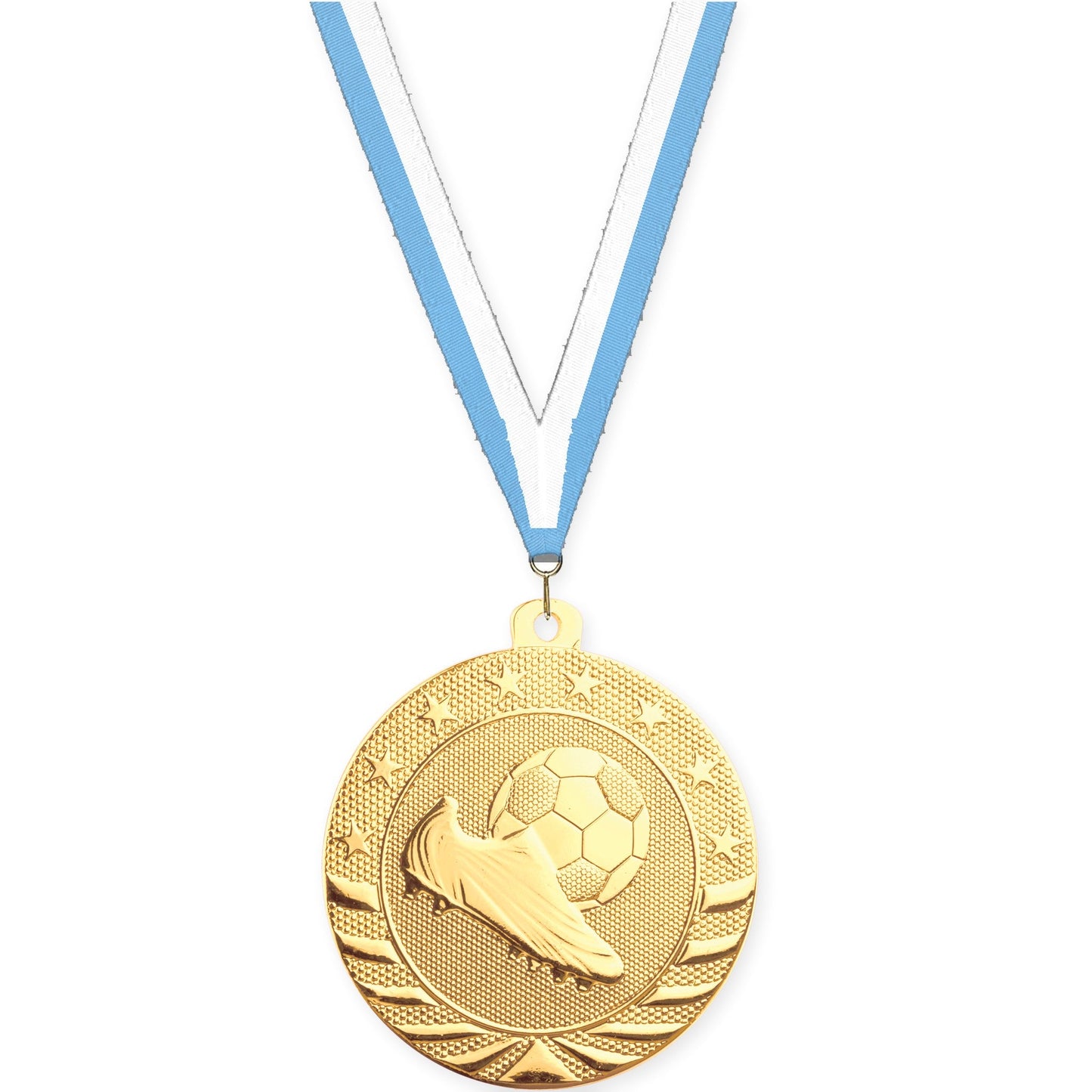 2 inch soccer Starbrite medal in bright gold with Light Blue White neck ribbon